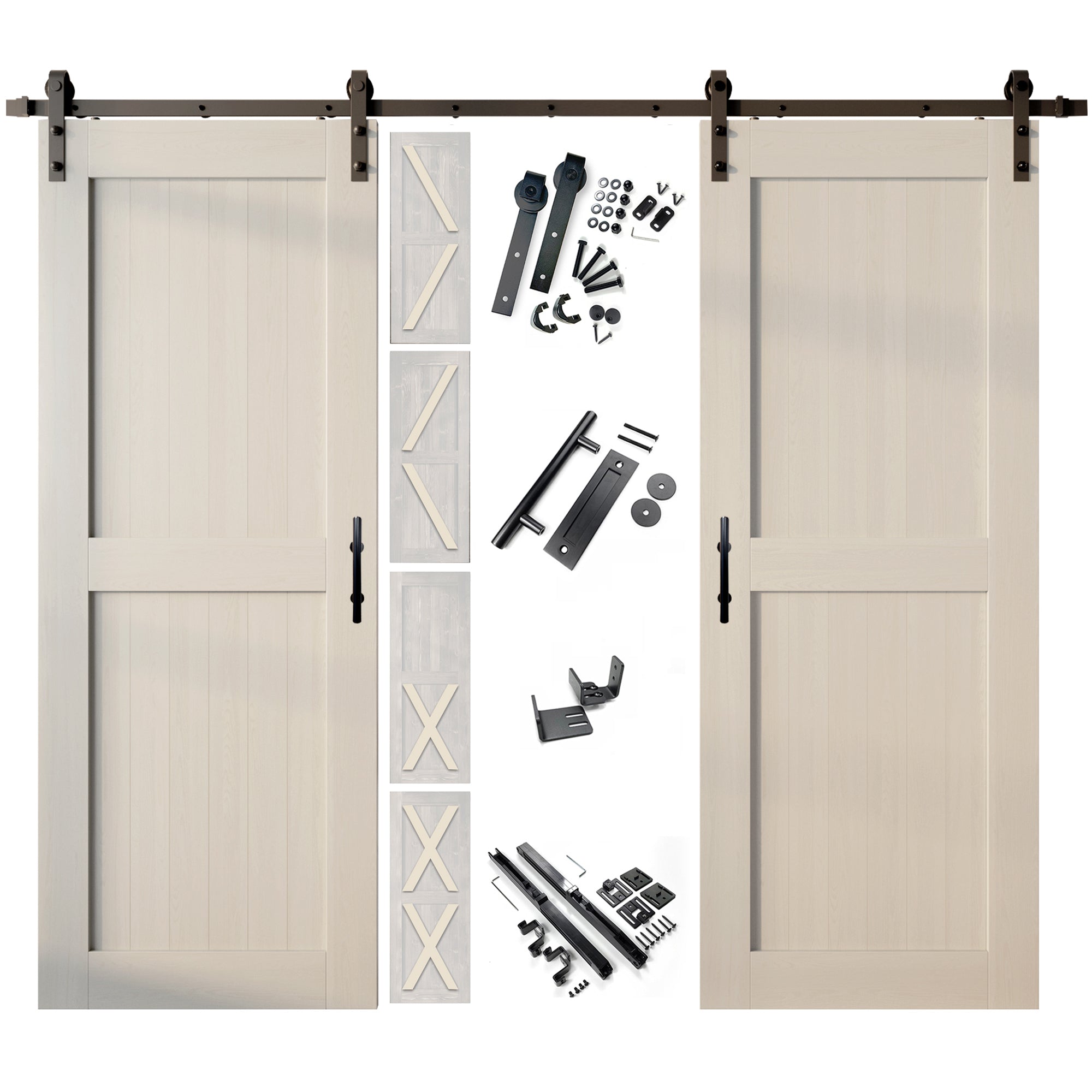 96" Height Finished & Unassembled Double Barn Door with Non-Bypass Installation Hardware Kit (5-in1 Design)