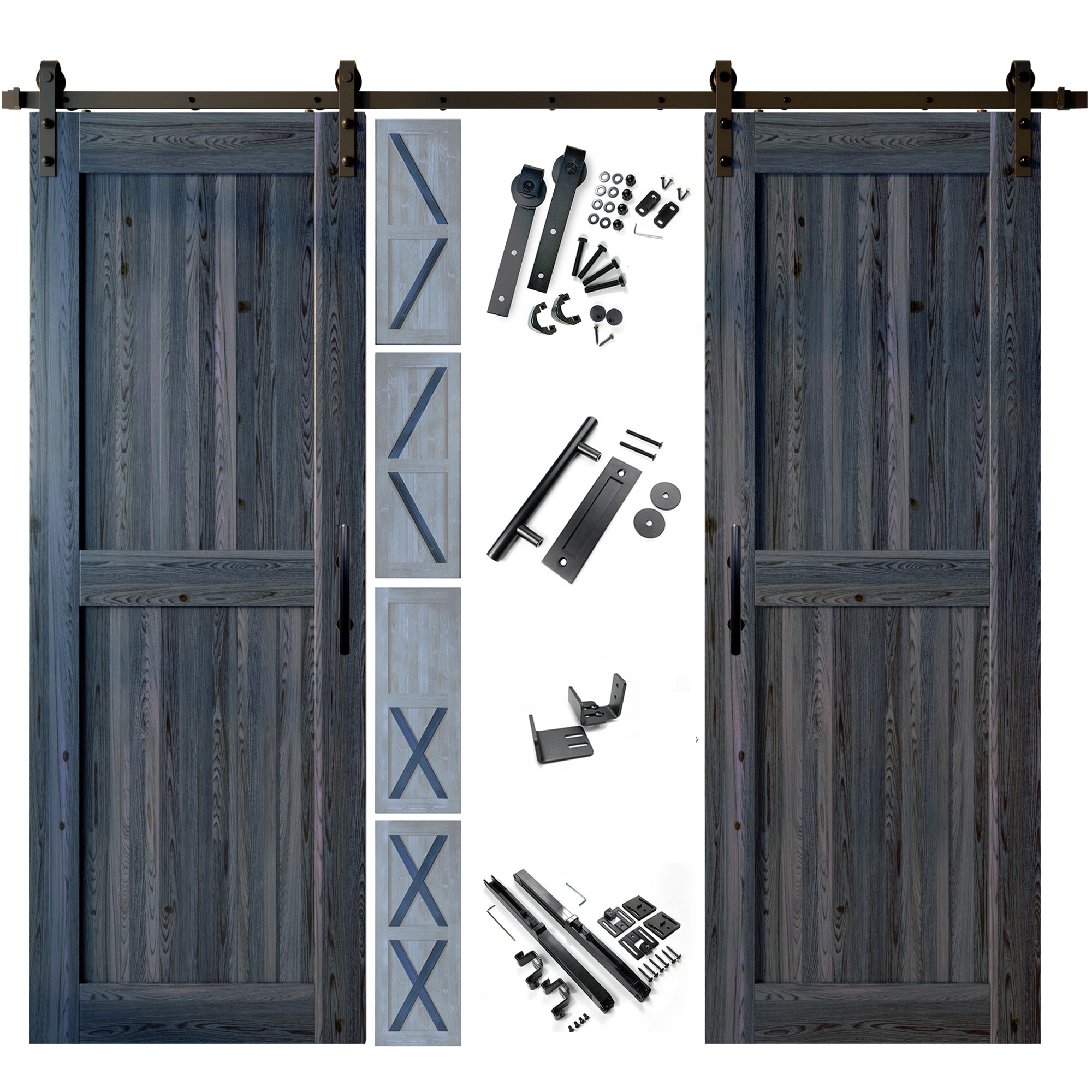 96" Height Finished & Unassembled Double Barn Door with Non-Bypass Installation Hardware Kit (5-in1 Design)