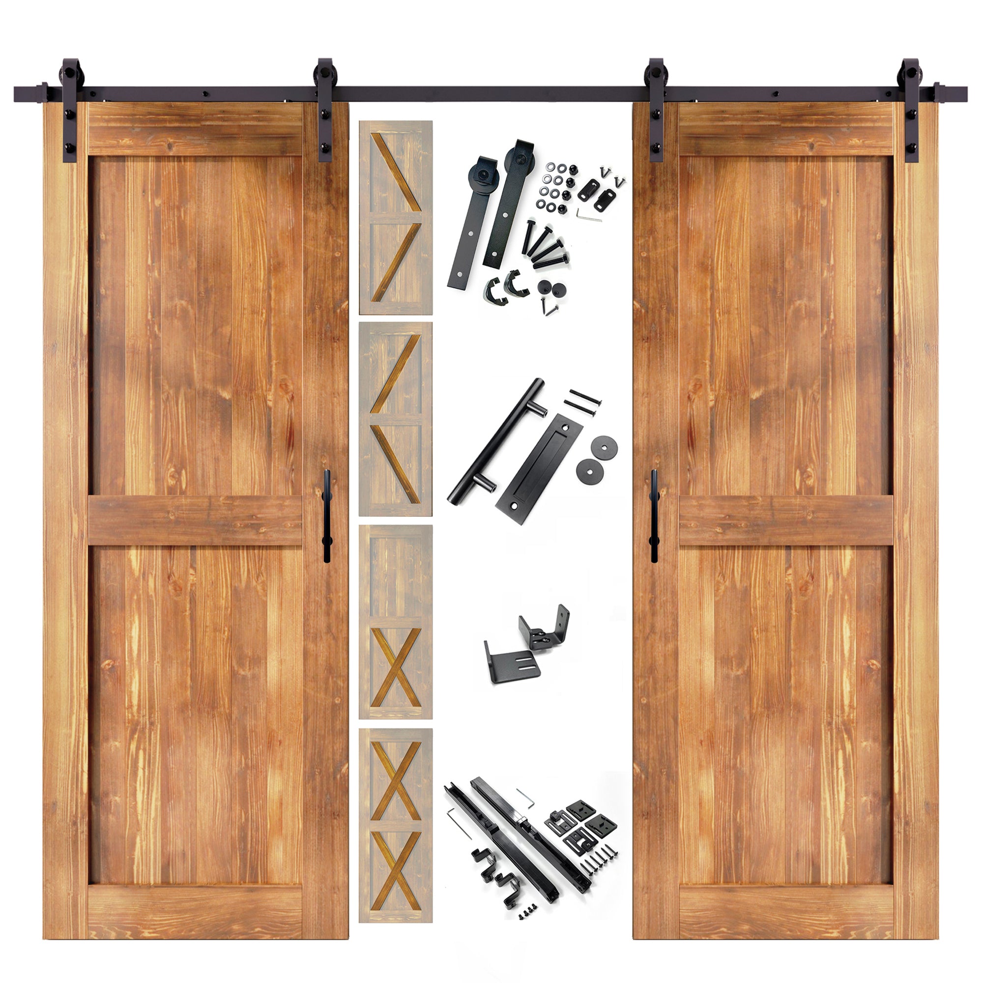 96" Height Finished & Unassembled Double Barn Door with Non-Bypass Installation Hardware Kit (5-in1 Design)