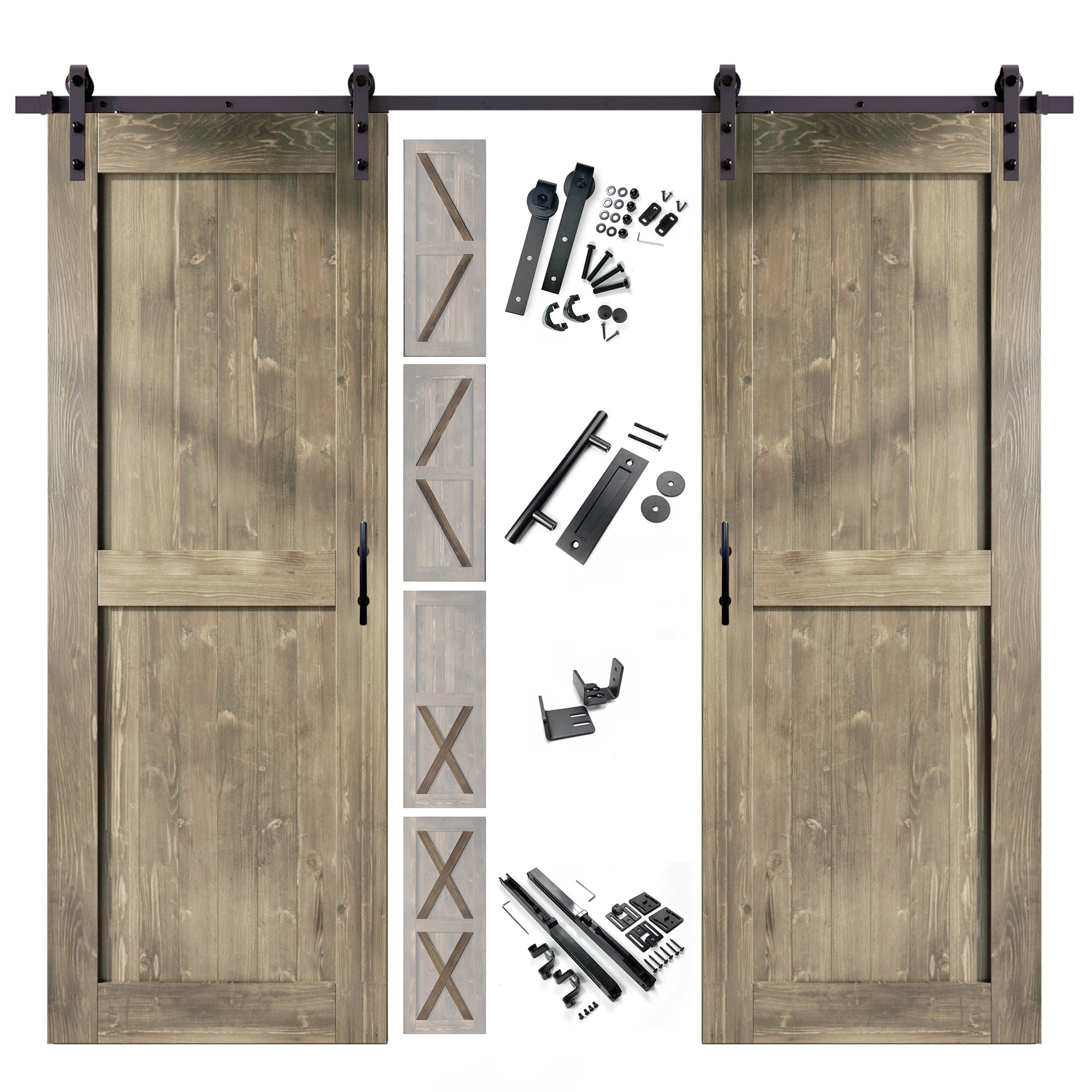 96" Height Finished & Unassembled Double Barn Door with Non-Bypass Installation Hardware Kit (5-in1 Design)