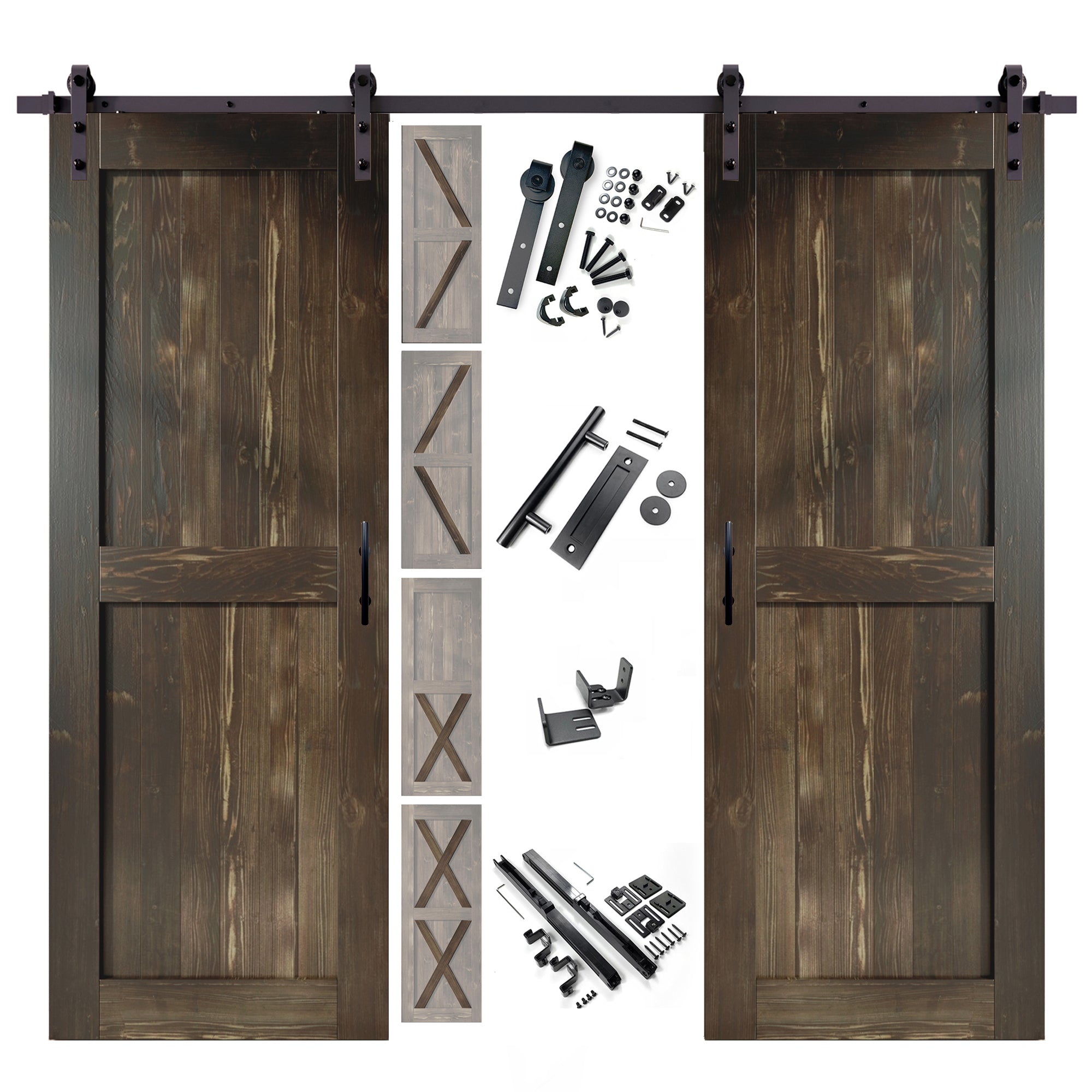 96" Height Finished & Unassembled Double Barn Door with Non-Bypass Installation Hardware Kit (5-in1 Design)