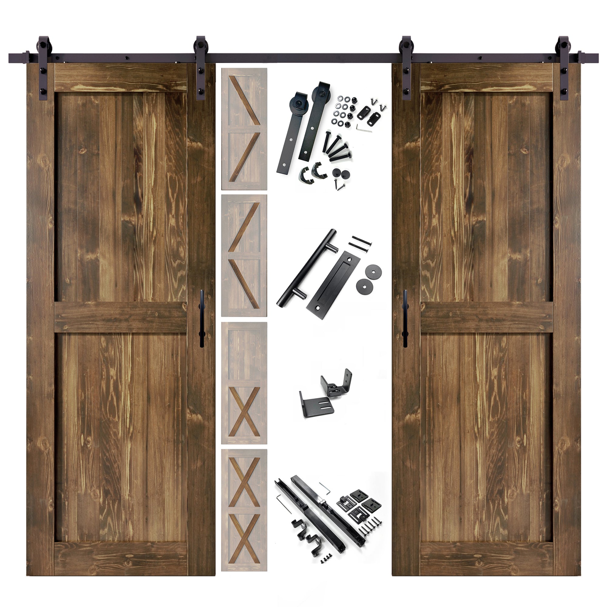 96" Height Finished & Unassembled Double Barn Door with Non-Bypass Installation Hardware Kit (5-in1 Design)