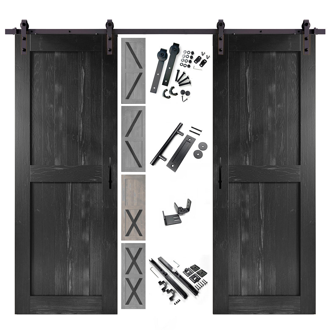 96" Height Finished & Unassembled Double Barn Door with Non-Bypass Installation Hardware Kit (5-in1 Design)