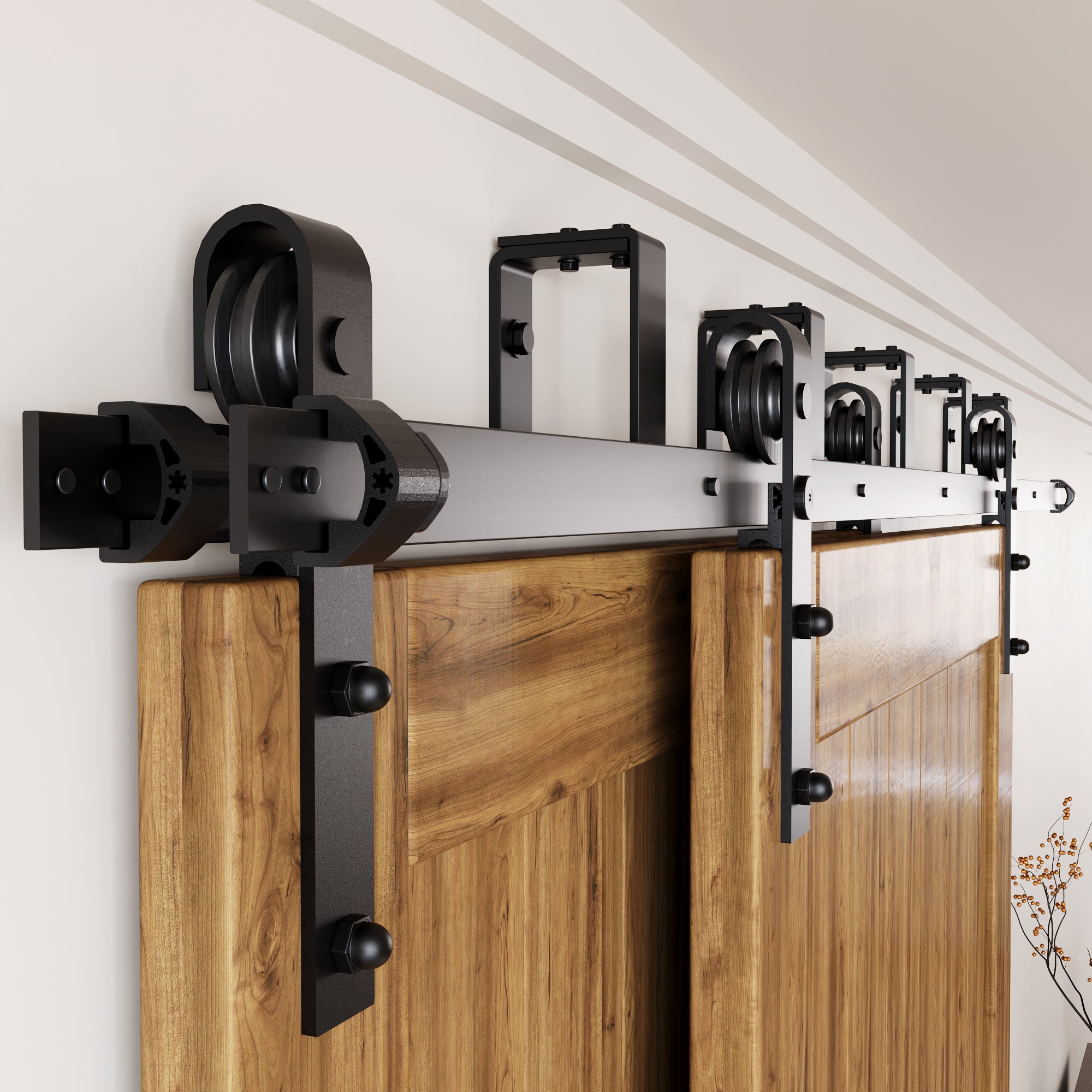 Double Track U-Shape Bypass Sliding Barn Door Hardware Kit - Classic Design Roller