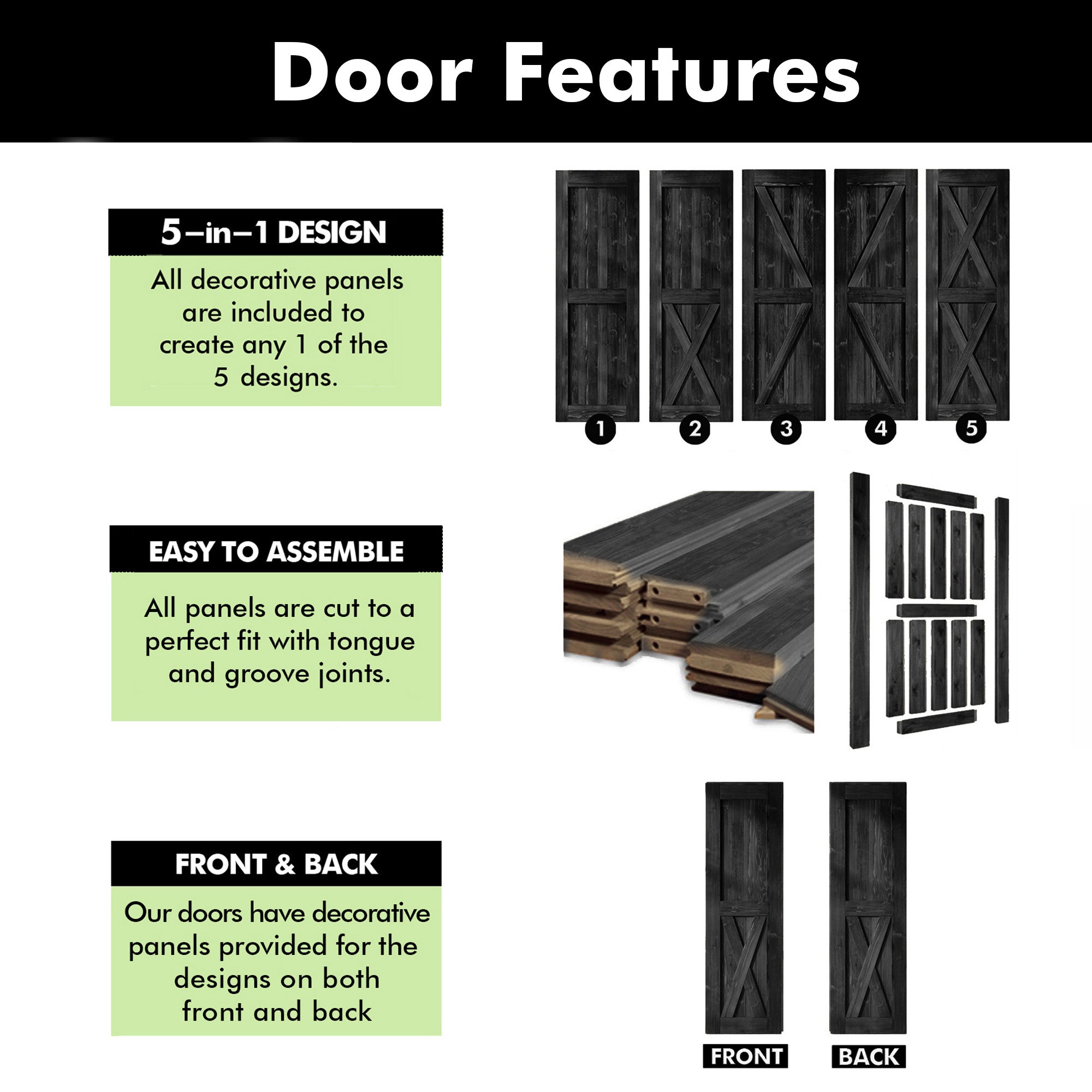 homacer easy to install ebony 5-in-1 design door features