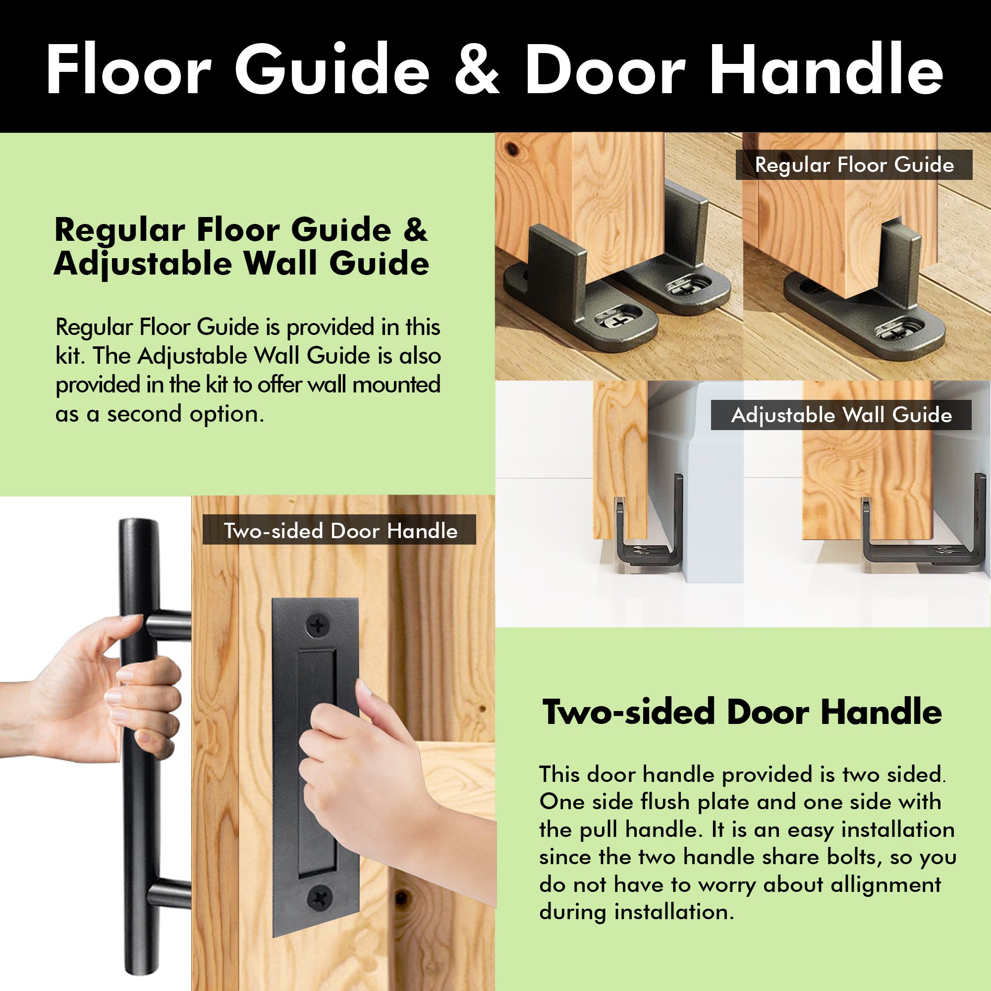 black barn door floor guide and door handle