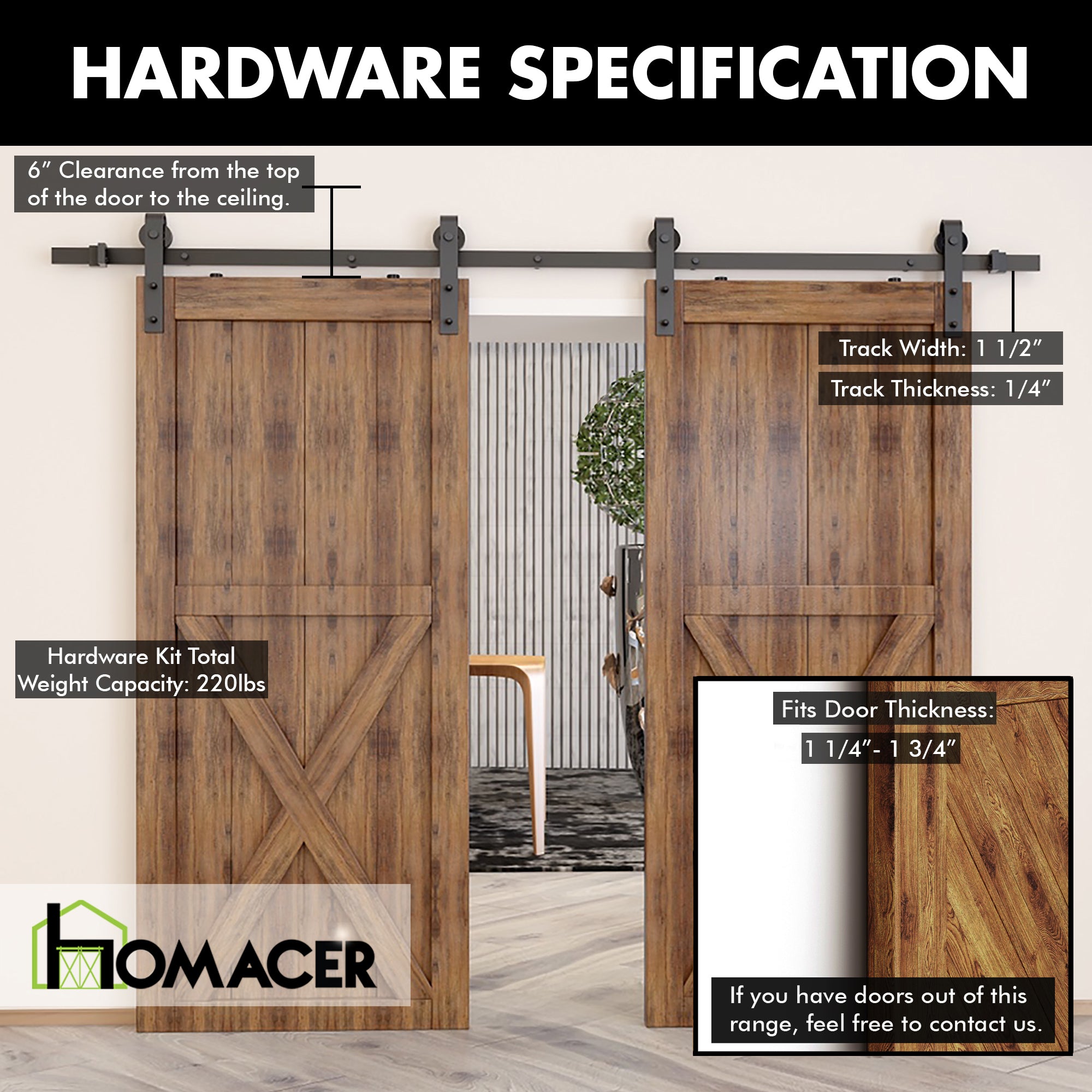 Non-Bypass Sliding Barn Door Hardware Kit - Classic Design Roller