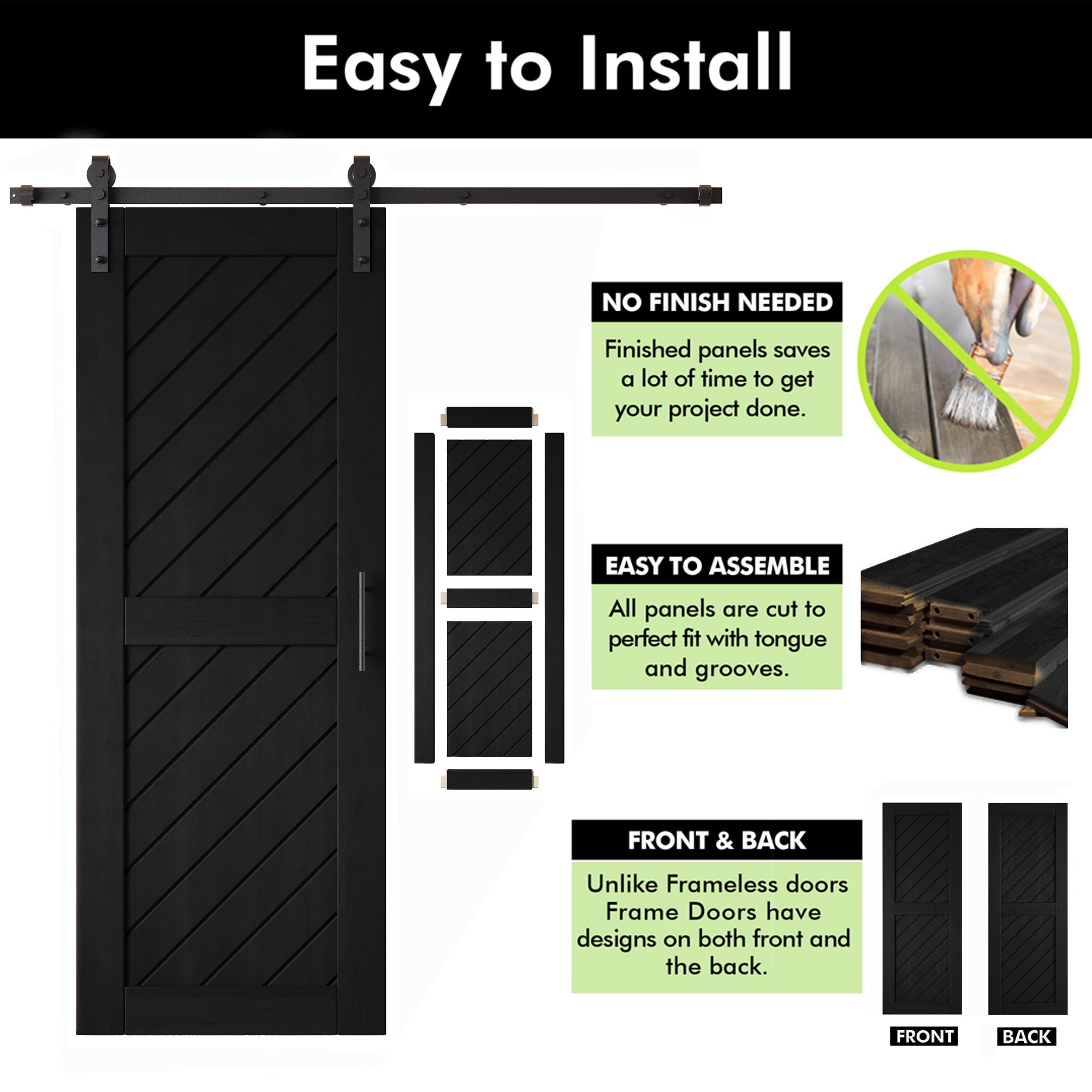 80" Height Black Slanted Stripe Design Unassembled & Finished Pine Wood Barn Door with Non-Bypass Installation Hardware Kit(Interior Use Only)