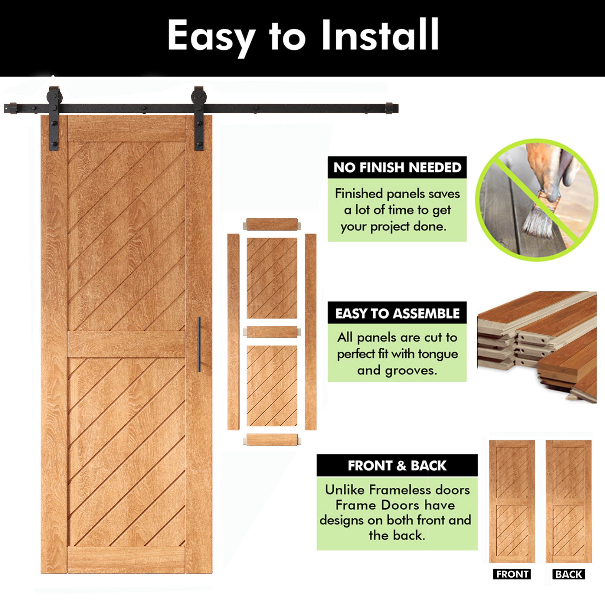 80" Height Early American Slanted Stripe Design Unassembled & Finished Double Pine Wood Barn Door with Non-Bypass Installation Hardware Kit(Interior Use Only)