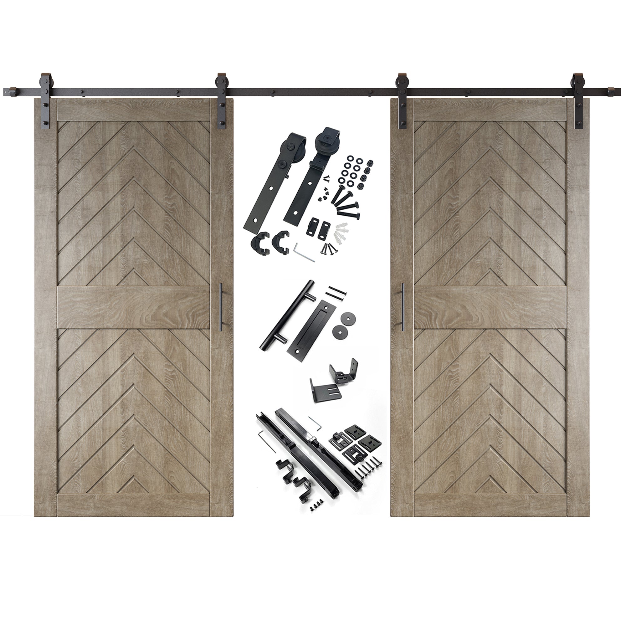 sliding barn door hardware kit with two doors pine wood barn door gray fishbone design