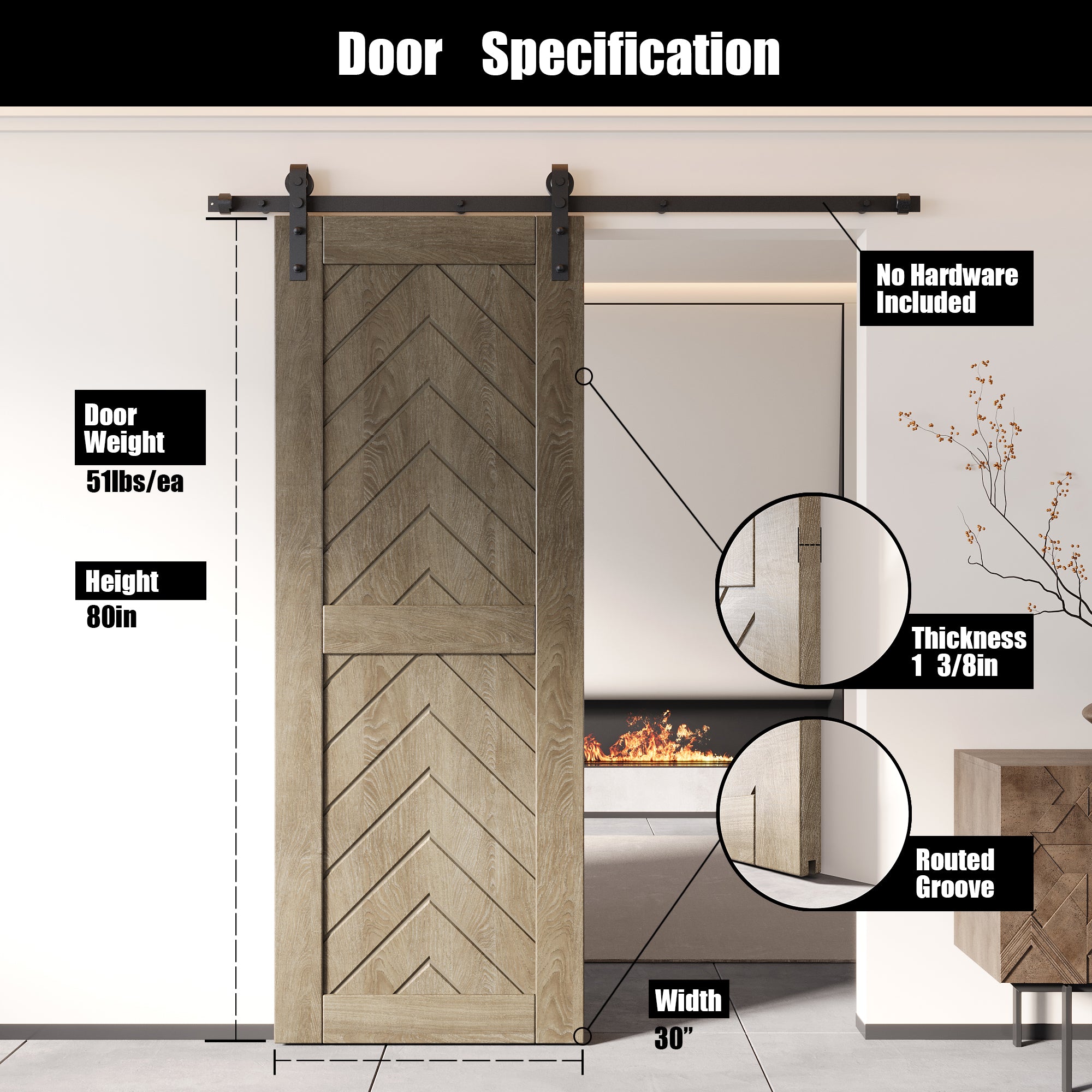 80" Height Classic Gray Fishbone Design Unassembled & Finished Pine Wood Barn Door (Interior Use Only)