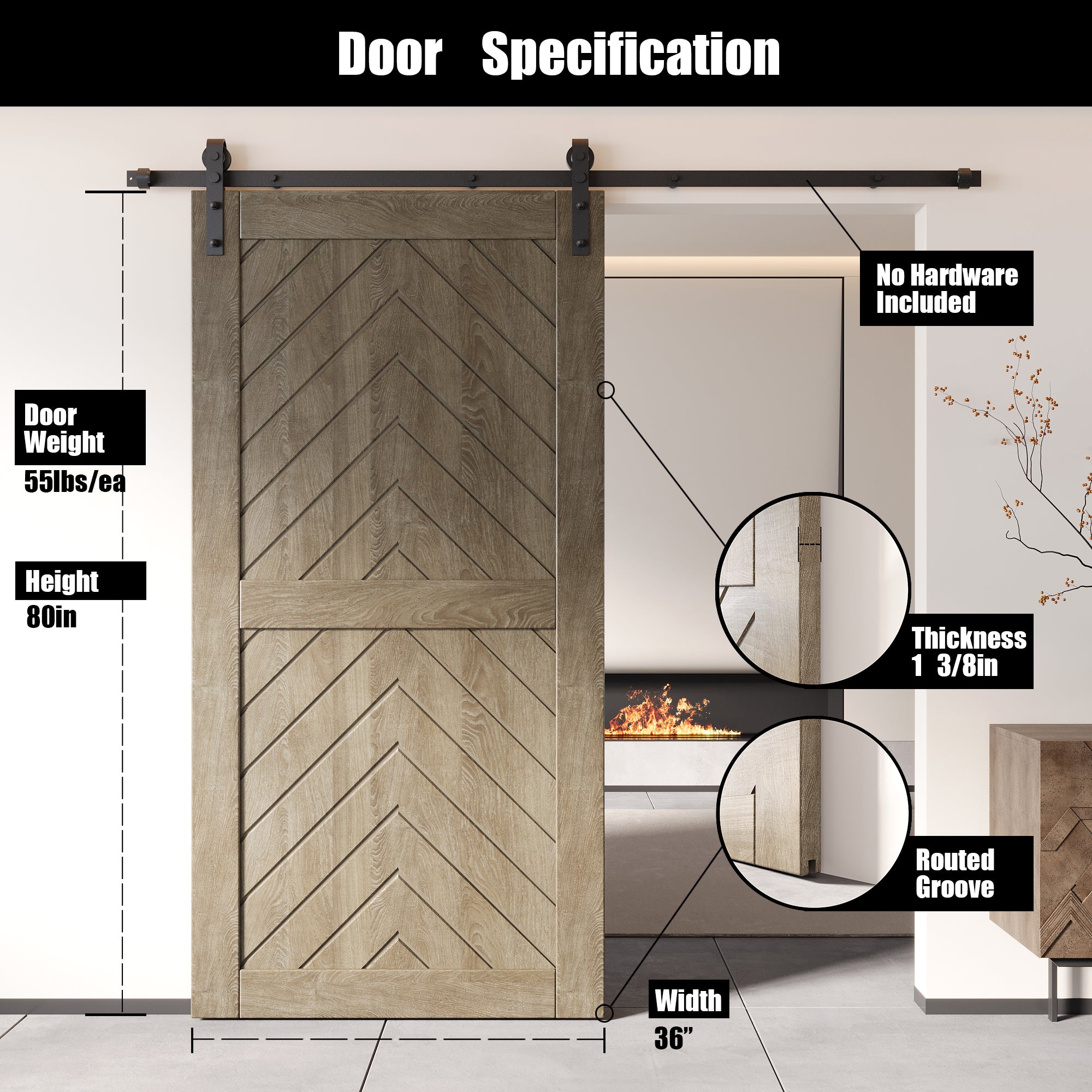 80" Height Classic Gray Fishbone Design Unassembled & Finished Pine Wood Barn Door (Interior Use Only)