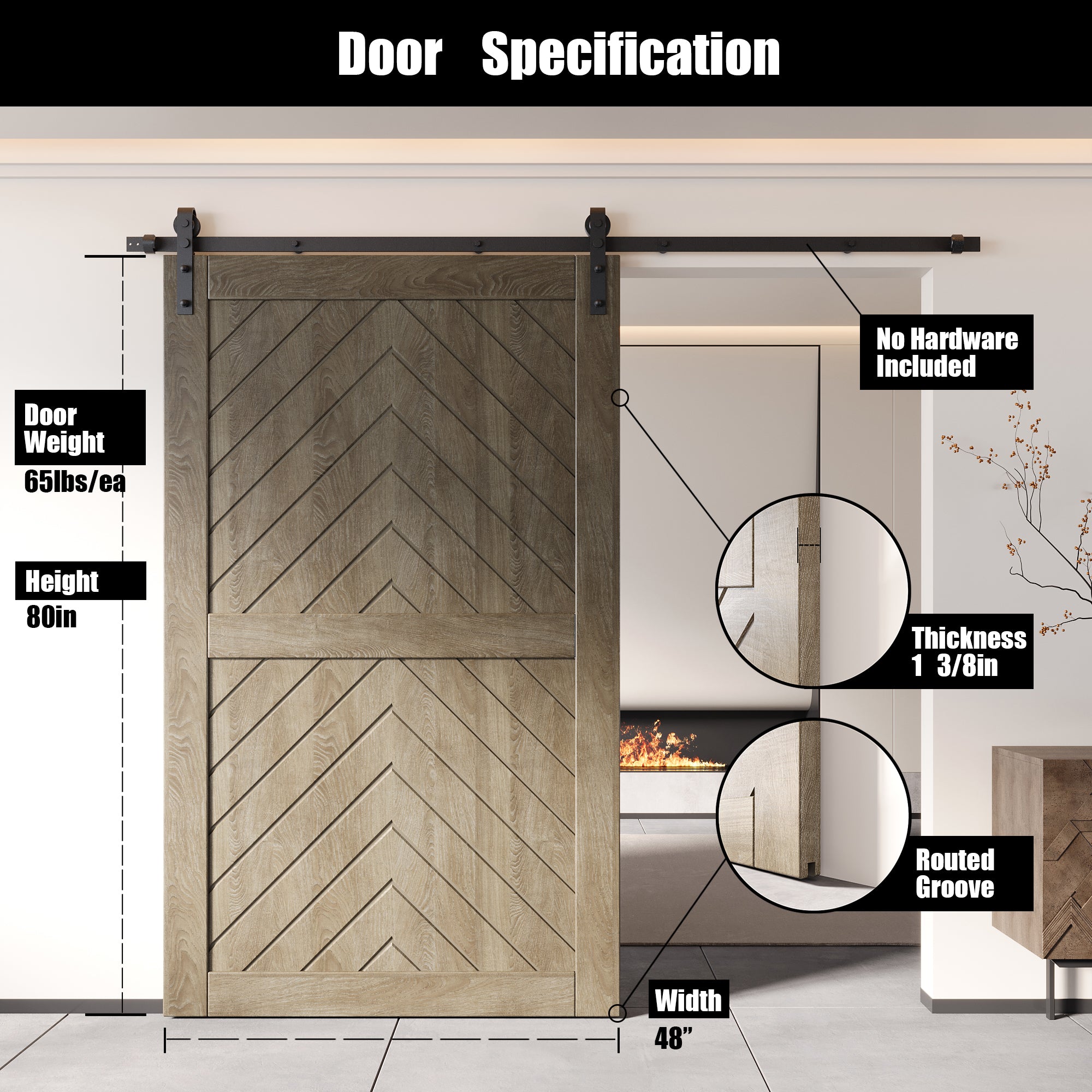 80" Height Classic Gray Fishbone Design Unassembled & Finished Pine Wood Barn Door (Interior Use Only)