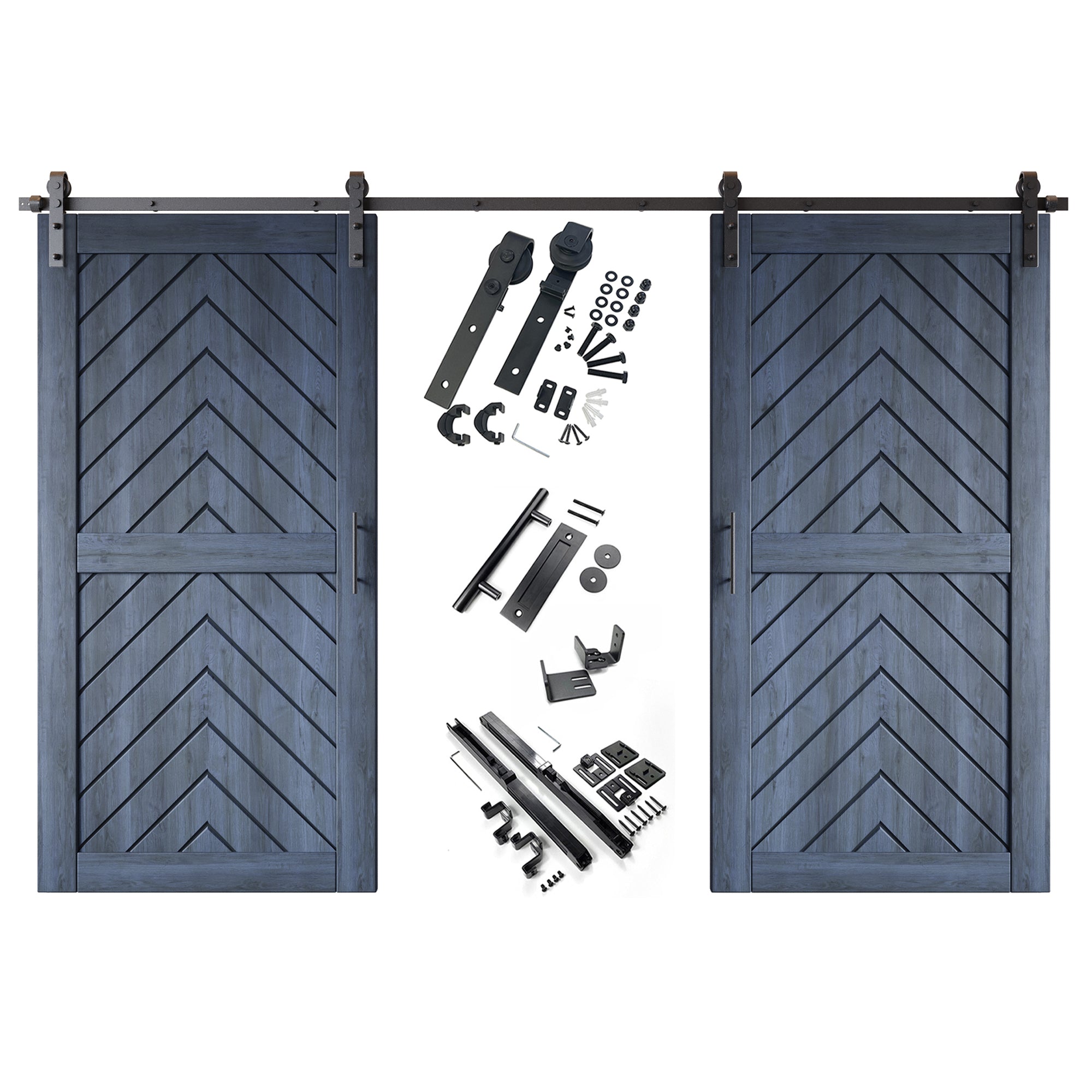 80" Height Navy Fishbone Design Unassembled & Finished Double Pine Wood Barn Door with Non-Bypass Installation Hardware Kit(Interior Use Only)