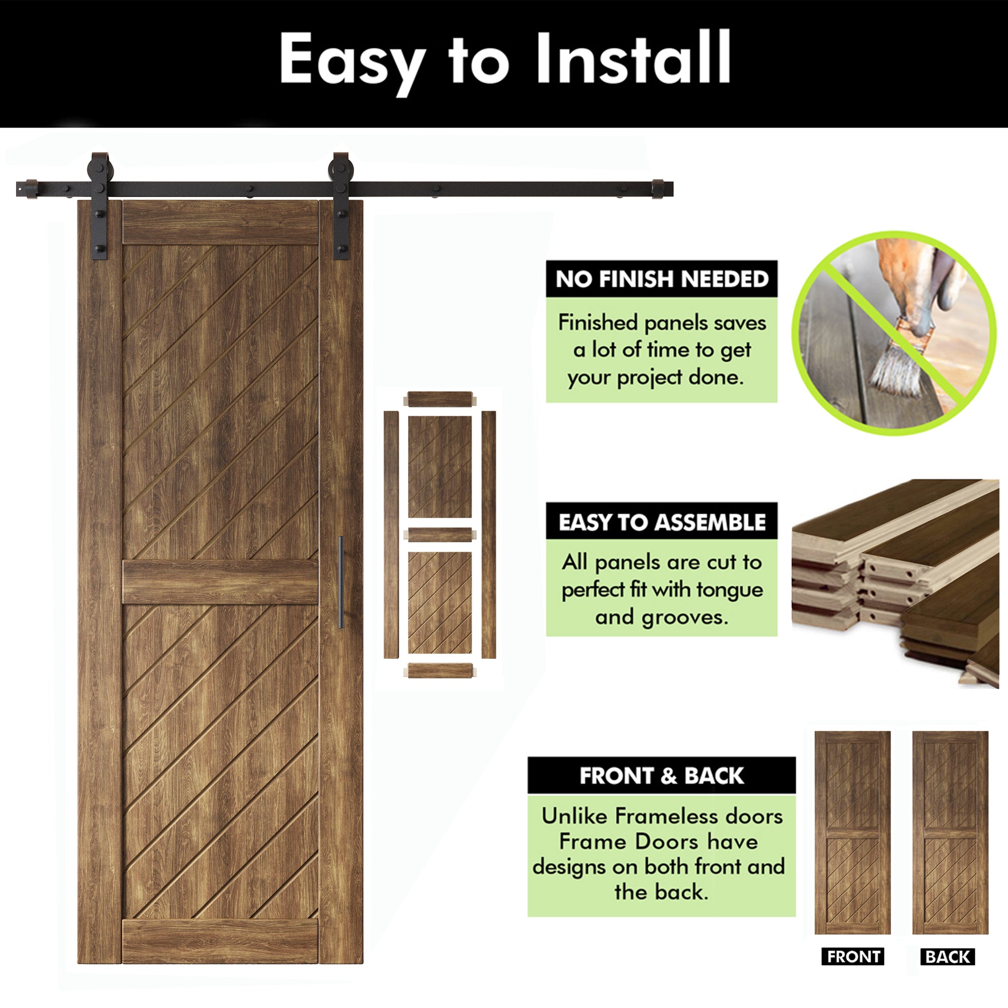 80" Height Dark Walnut Slanted Stripe Design Unassembled & Finished Pine Wood Barn Door with Non-Bypass Installation Hardware Kit(Interior Use Only)