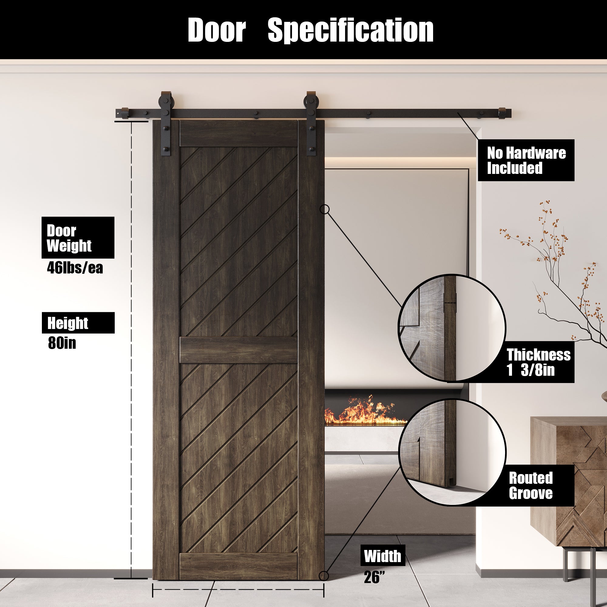 Homcer New Early American 80" Slanted Stripe Design Unassembled & Finished Barn Door Specification