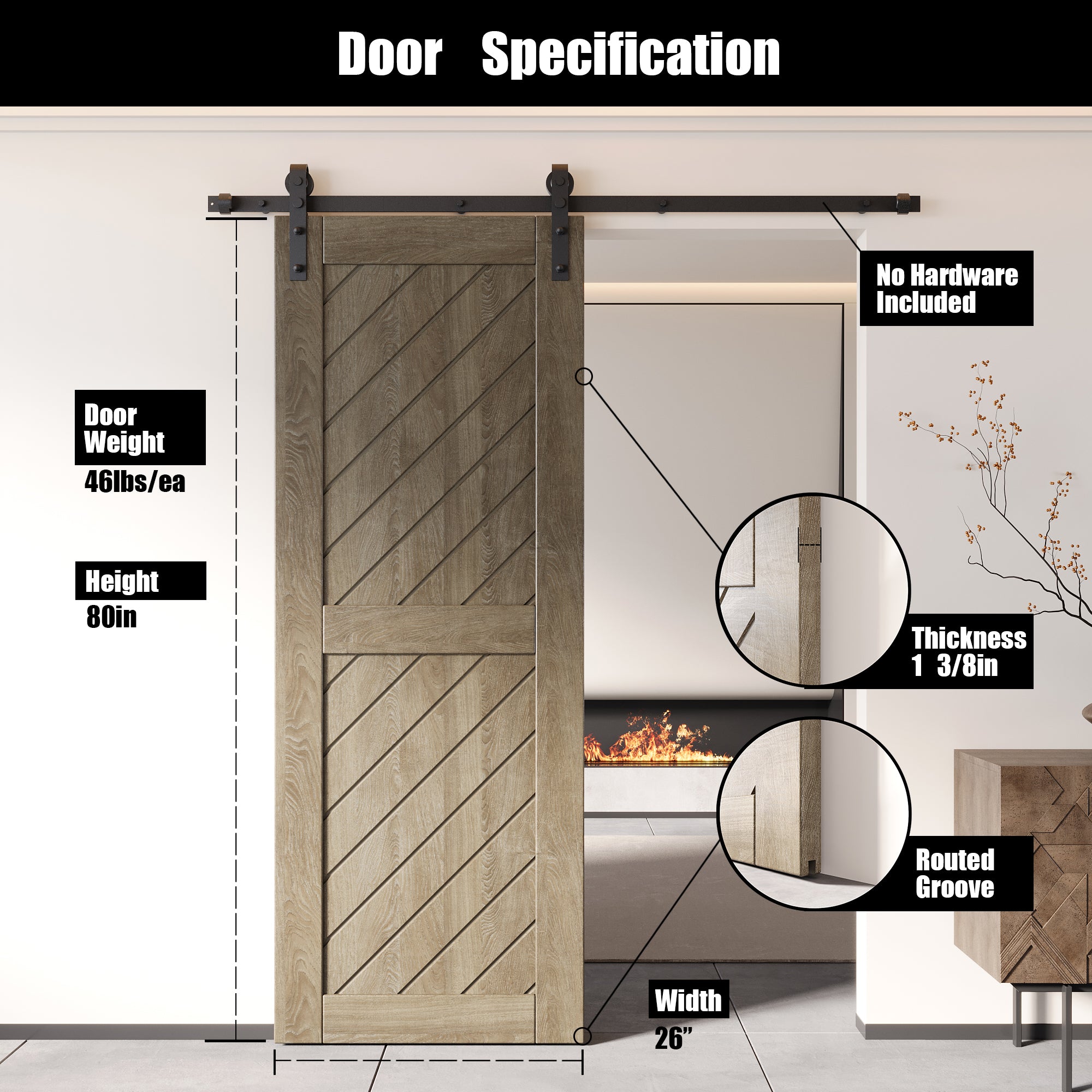 Homcer New Gray 80" Slanted Stripe Design Unassembled & Finished Barn Door Specification