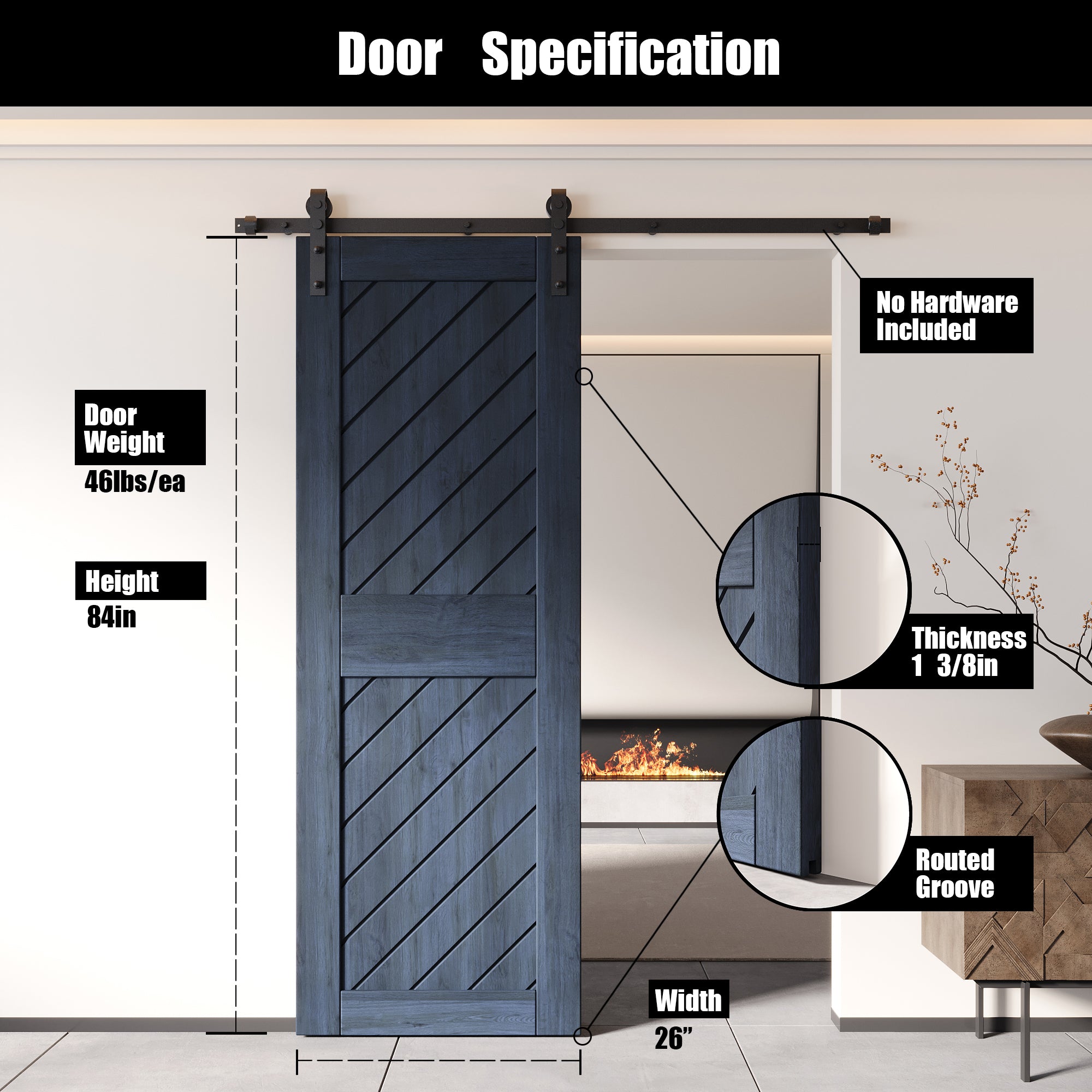 84" Height Navy Slanted Stripe Design Unassembled & Finished Pine Wood Barn Door (Interior Use Only)