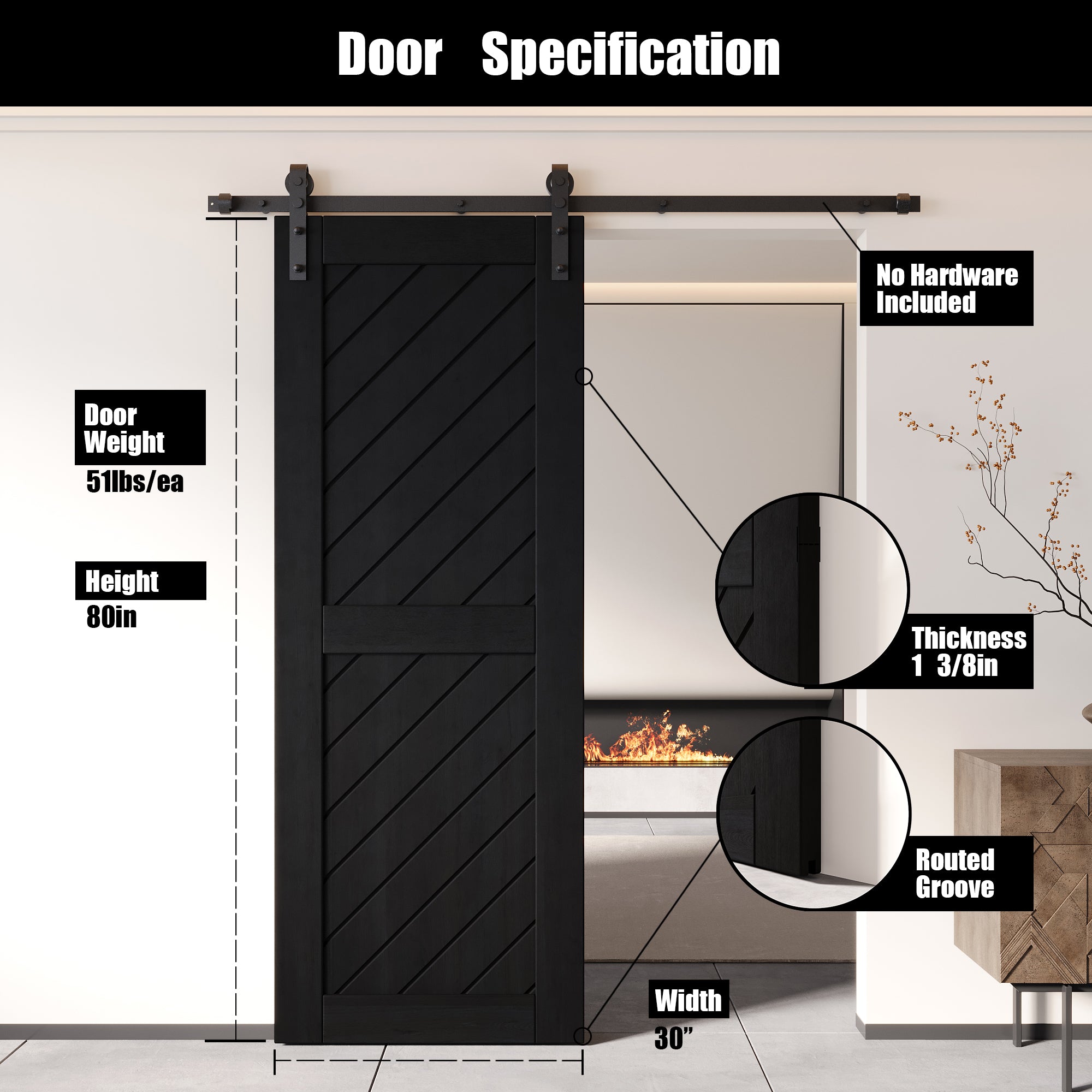 80" Height Black Slanted Stripe Design Unassembled & Finished Pine Wood Barn Door (Interior Use Only)