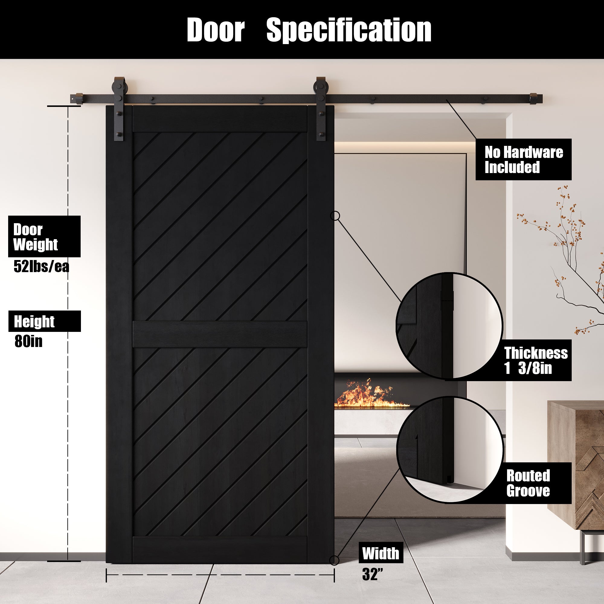 80" Height Black Slanted Stripe Design Unassembled & Finished Pine Wood Barn Door (Interior Use Only)