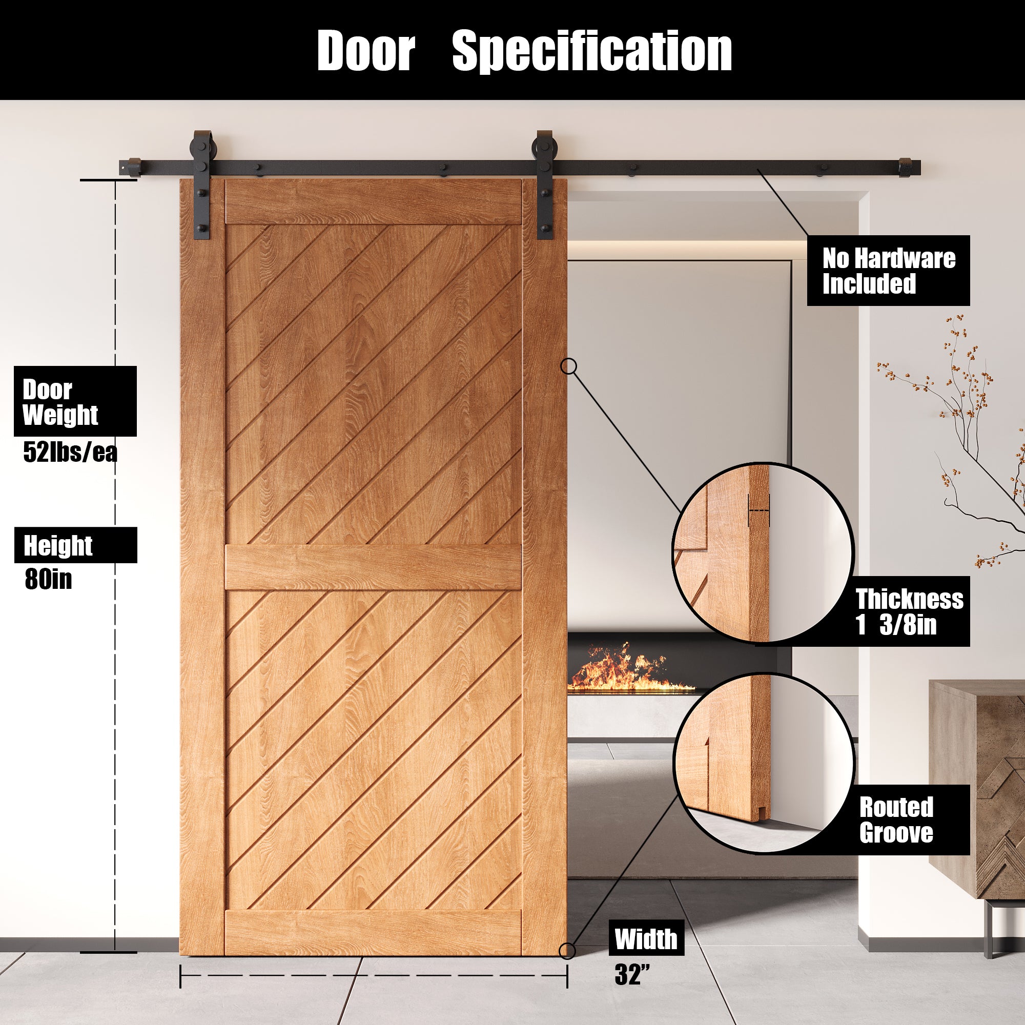 80" Height Early American Slanted Stripe Design Unassembled & Finished Pine Wood Barn Door (Interior Use Only)