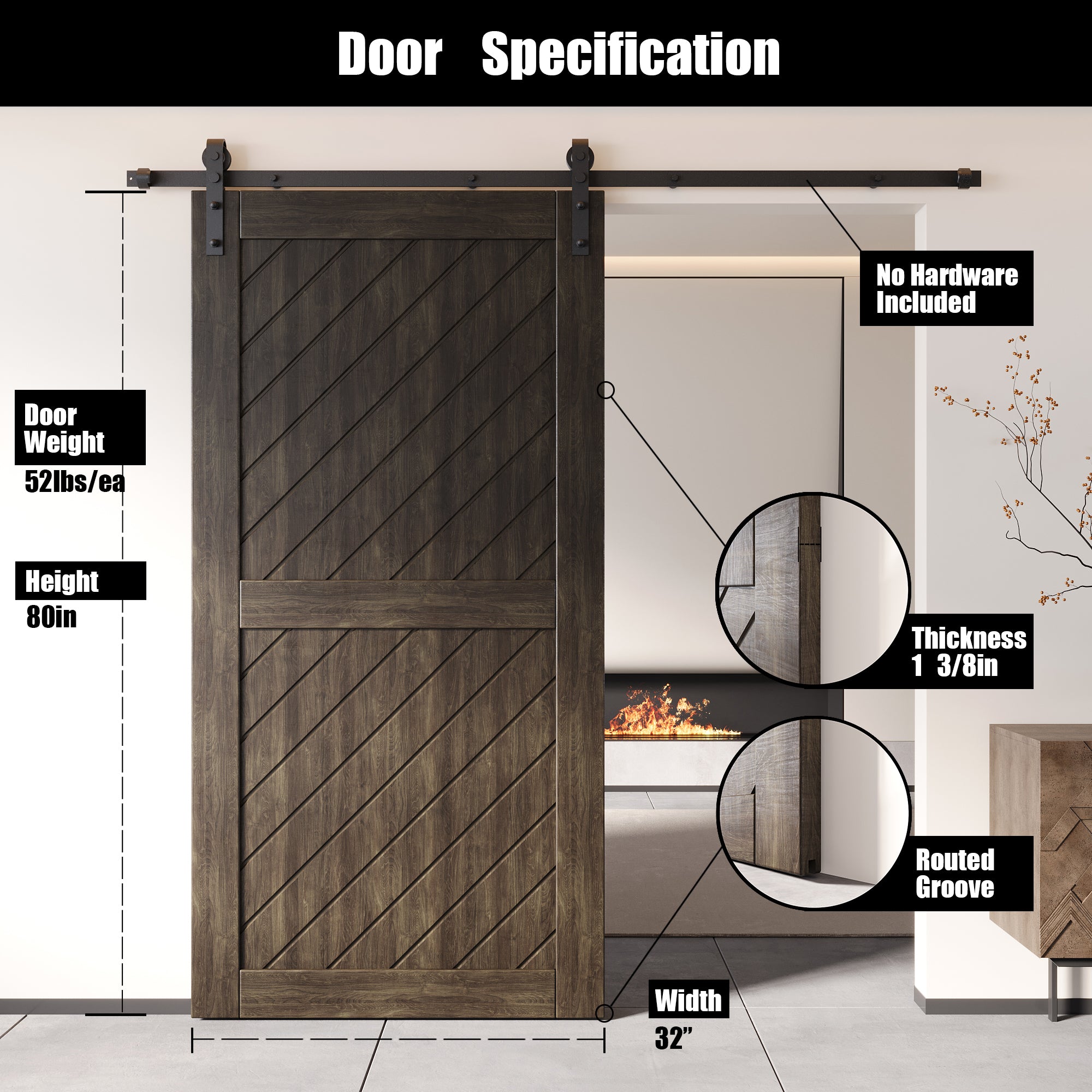 80" Height Ebony Slanted Stripe Design Unassembled & Finished Pine Wood Barn Door (Interior Use Only)