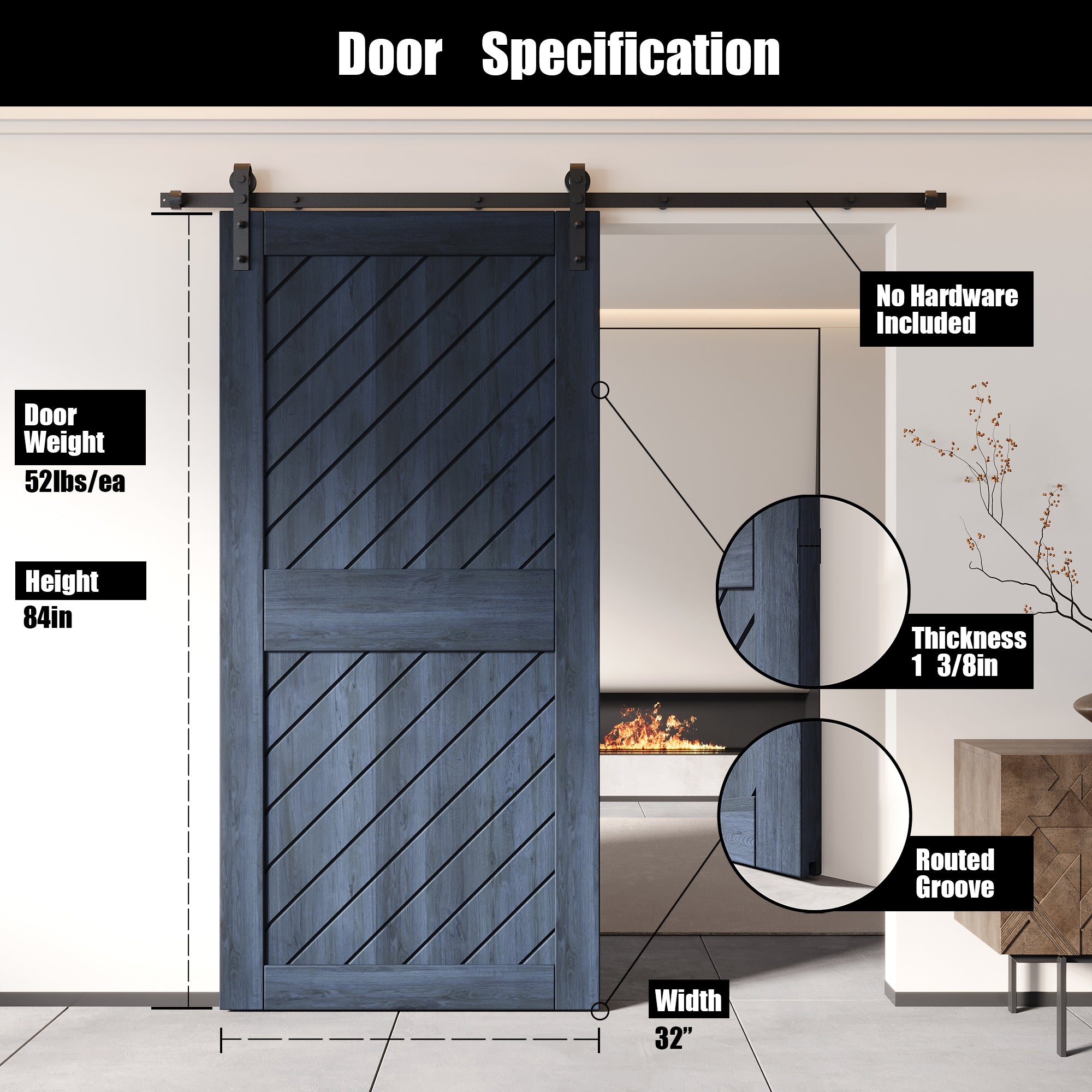 84" Height Navy Slanted Stripe Design Unassembled & Finished Pine Wood Barn Door (Interior Use Only)