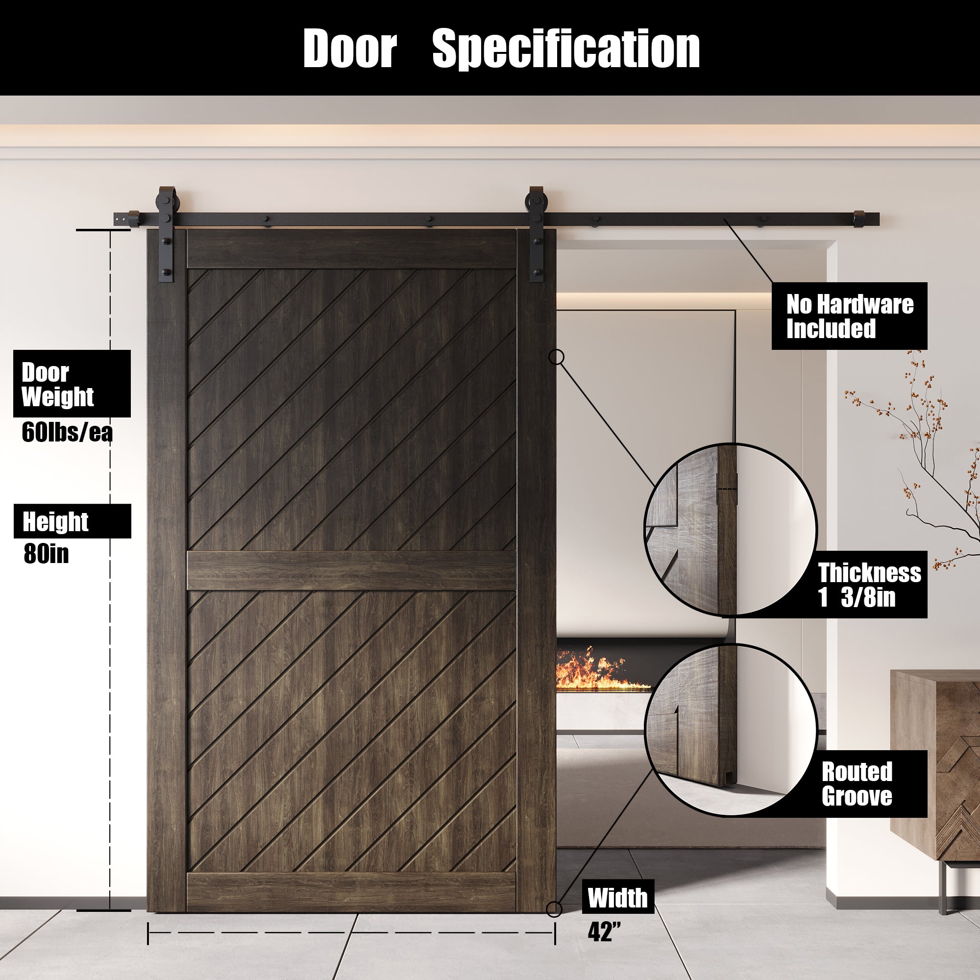 80" Height Ebony Slanted Stripe Design Unassembled & Finished Pine Wood Barn Door (Interior Use Only)