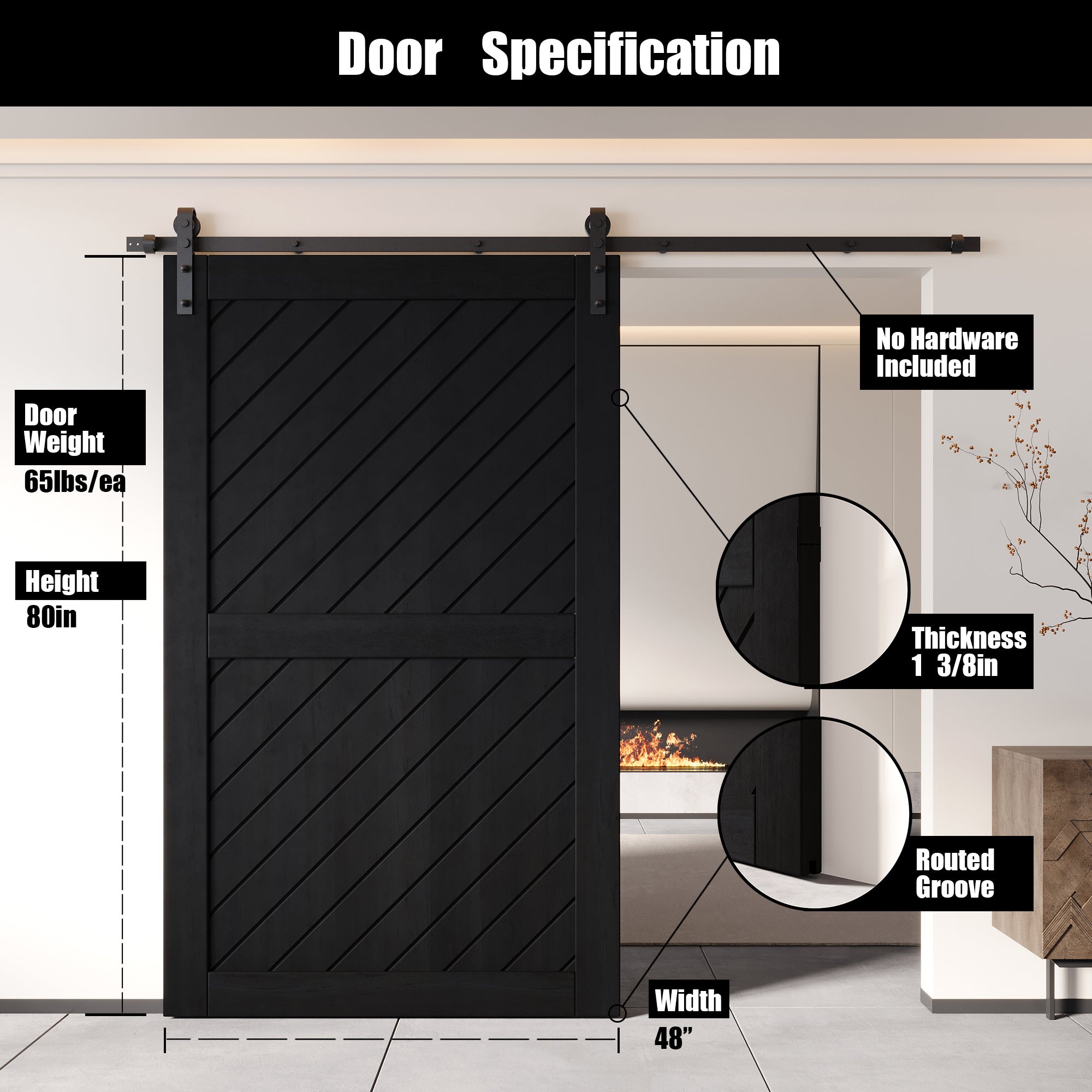 80" Height Black Slanted Stripe Design Unassembled & Finished Pine Wood Barn Door (Interior Use Only)