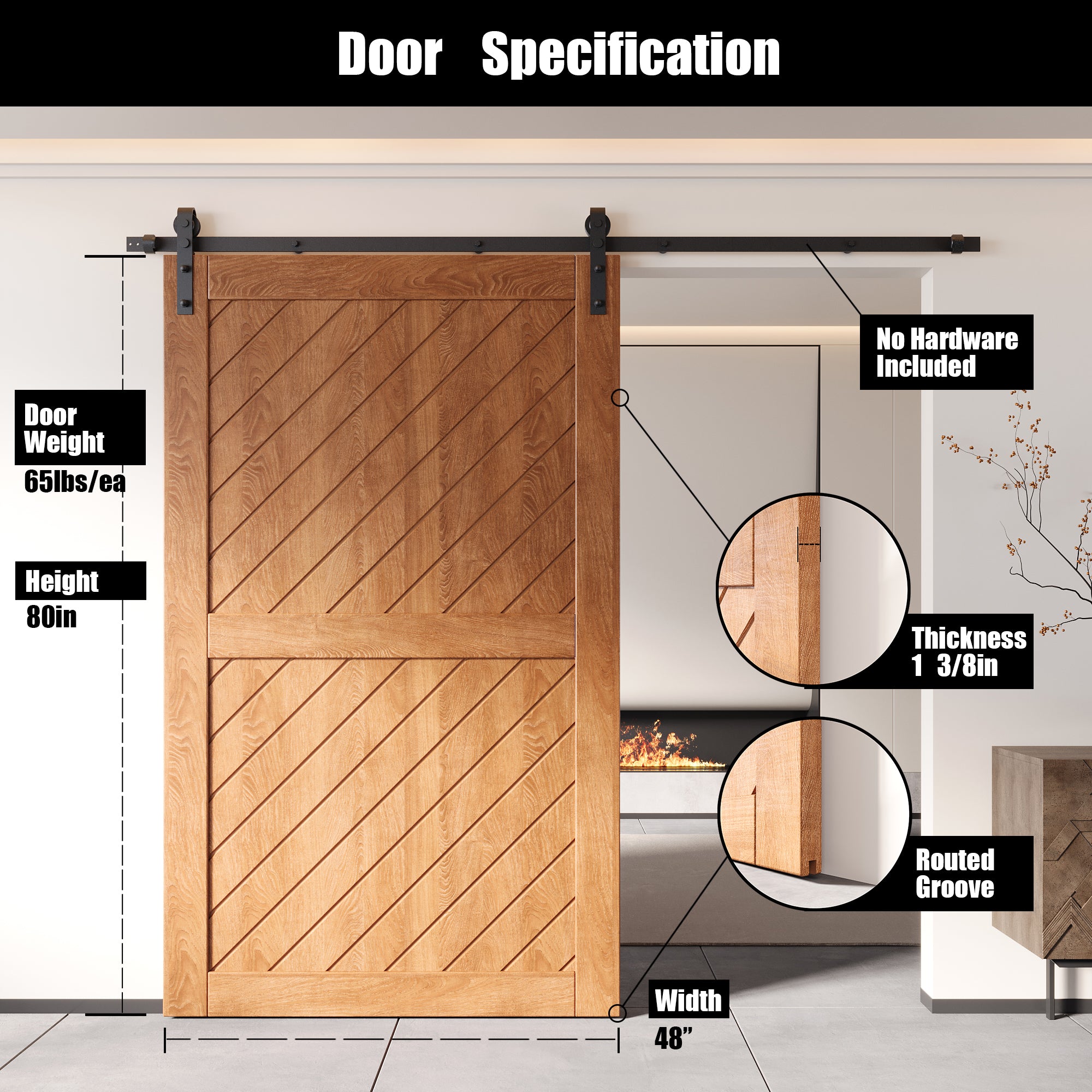 80" Height Early American Slanted Stripe Design Unassembled & Finished Pine Wood Barn Door (Interior Use Only)