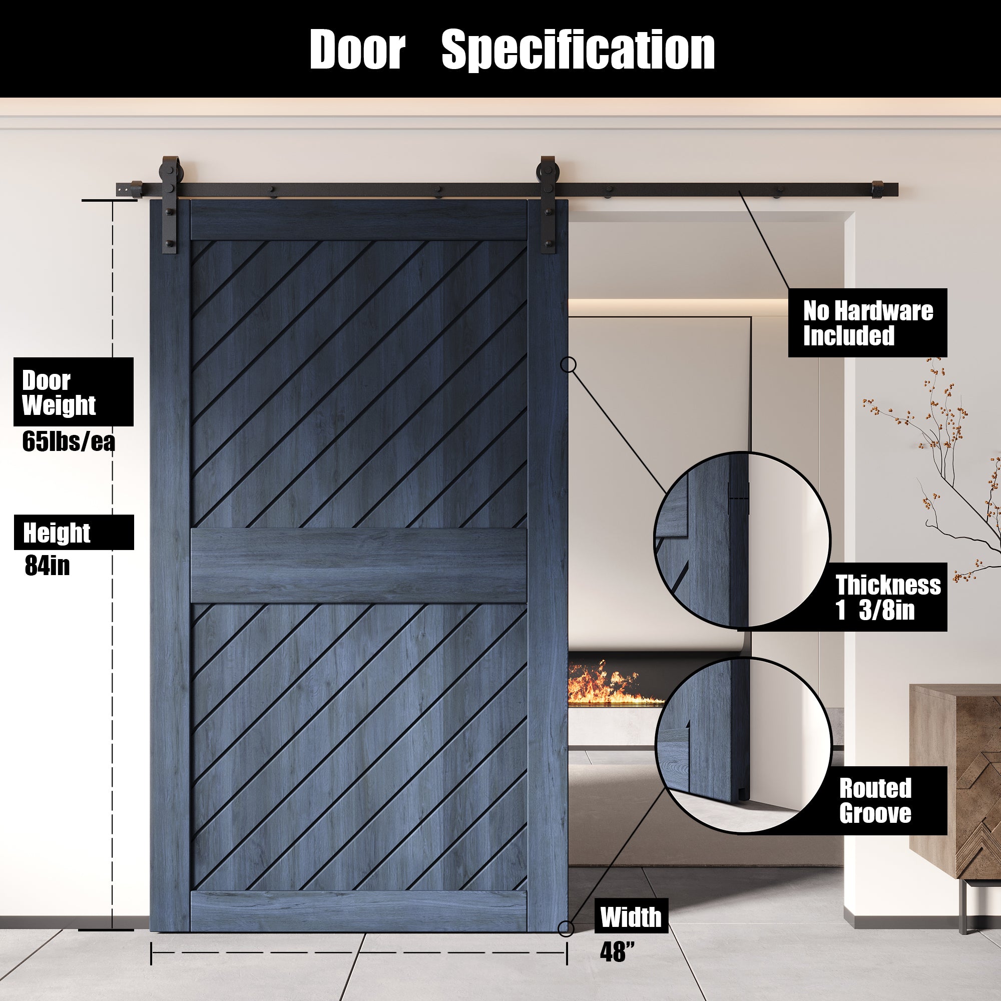 84" Height Navy Slanted Stripe Design Unassembled & Finished Pine Wood Barn Door (Interior Use Only)