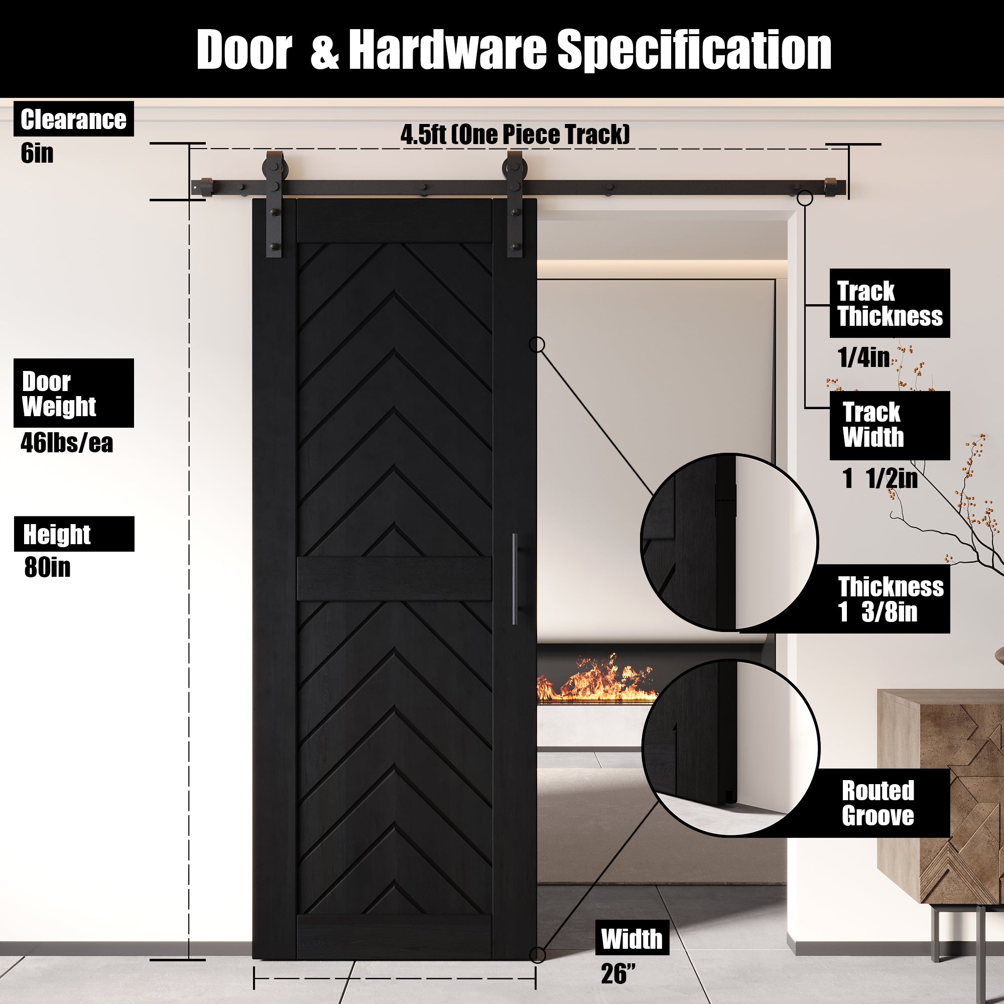 80" Height Black Fishbone Design Unassembled & Finished Pine Wood Barn Door with Non-Bypass Installation Hardware Kit(Interior Use Only)