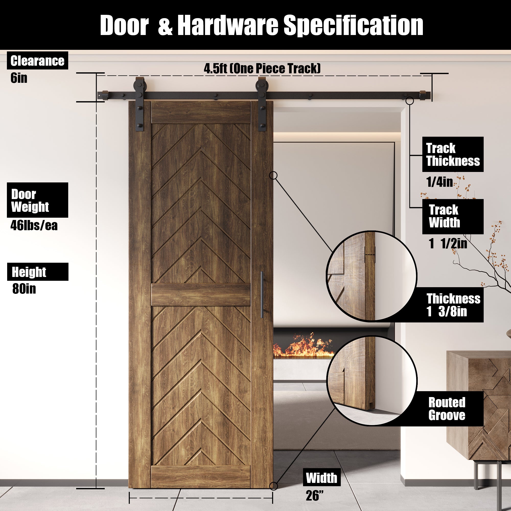 80" Height Dark Walnut Fishbone Design Unassembled & Finished Pine Wood Barn Door with Non-Bypass Installation Hardware Kit(Interior Use Only)