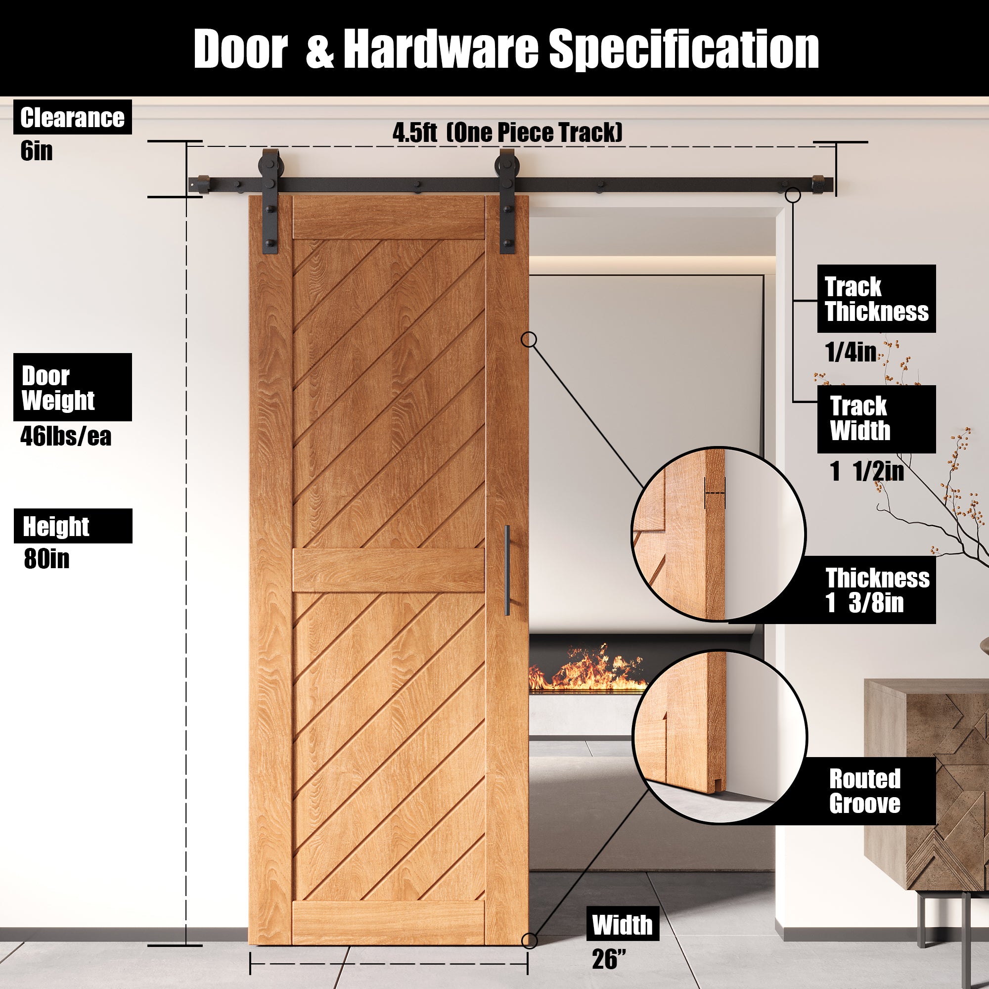 80" Height Early American Slanted Stripe Design Unassembled & Finished Pine Wood Barn Door with Non-Bypass Installation Hardware Kit(Interior Use Only)