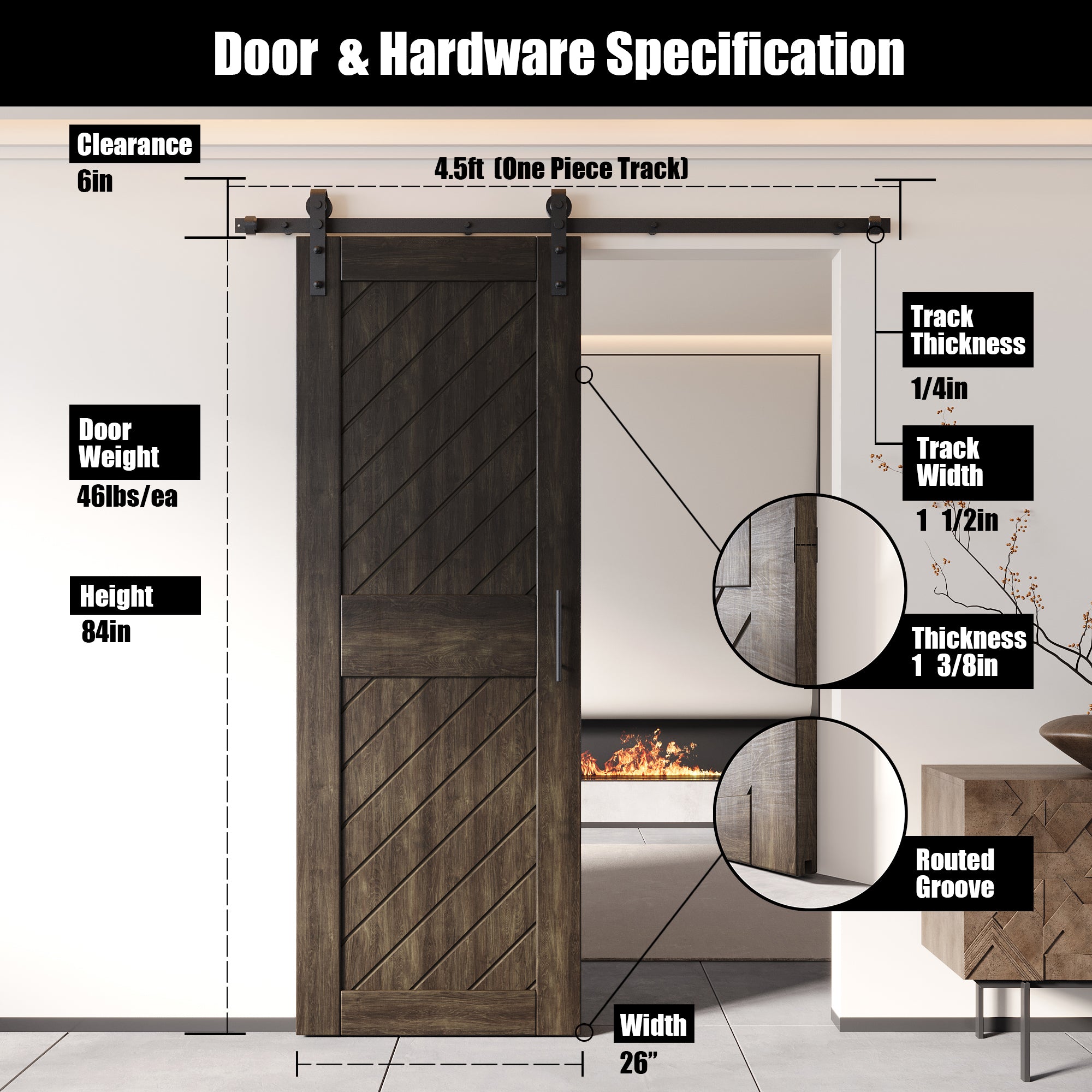 84-inch finished ebony pine barn door, slanted stripe design