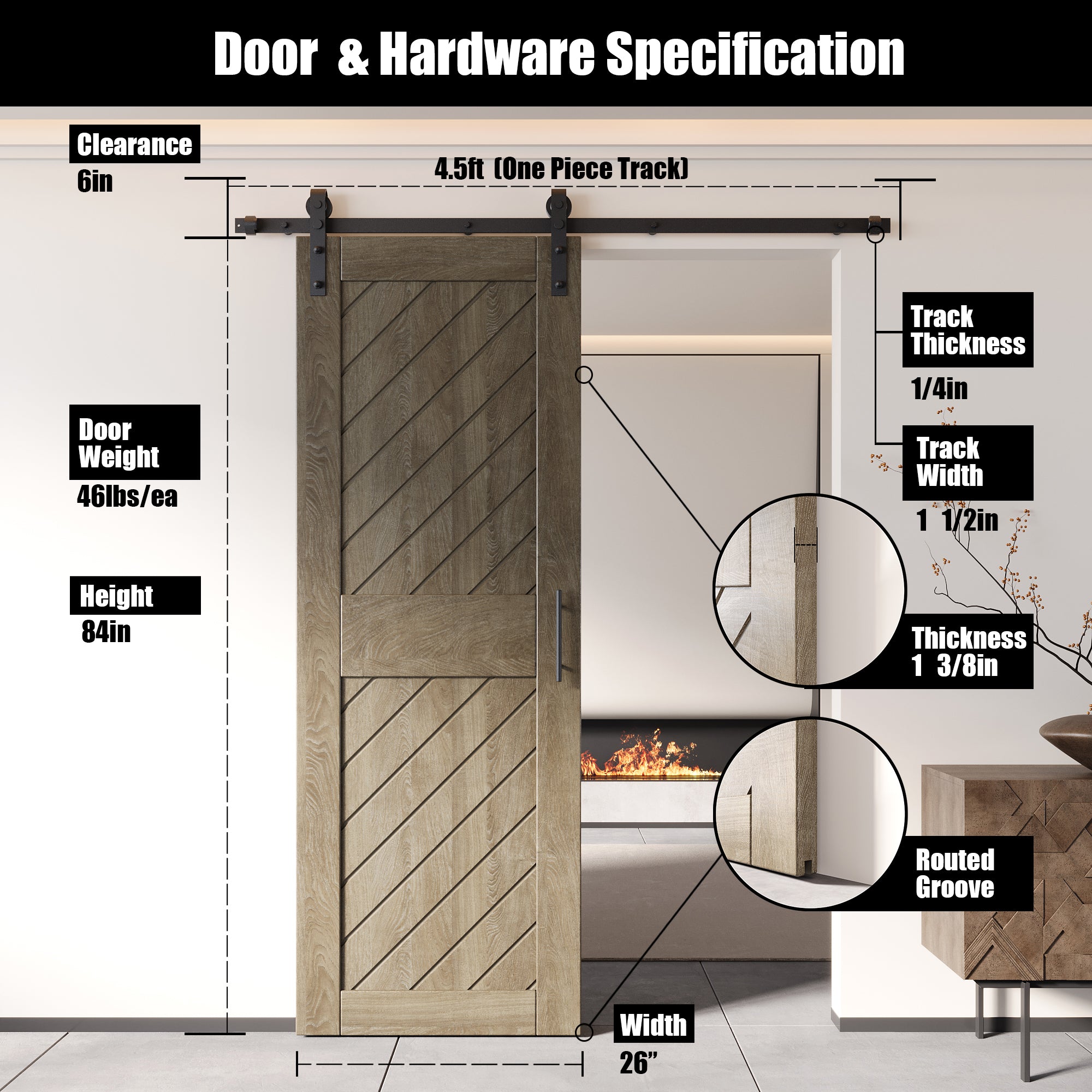 interior-use classic gray slanted stripe pine barn door, finished