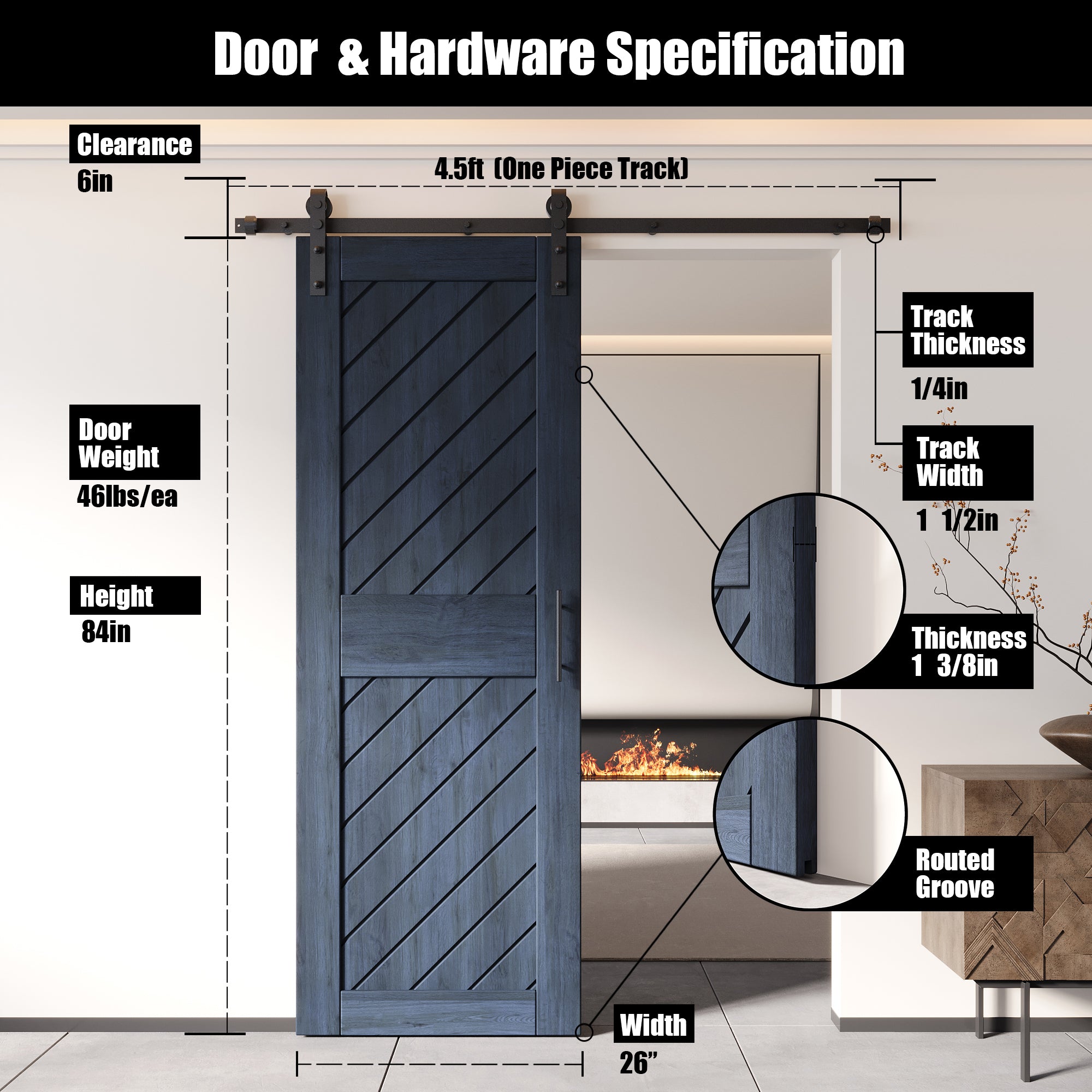 interior-use navy slanted stripe pine barn door, finished