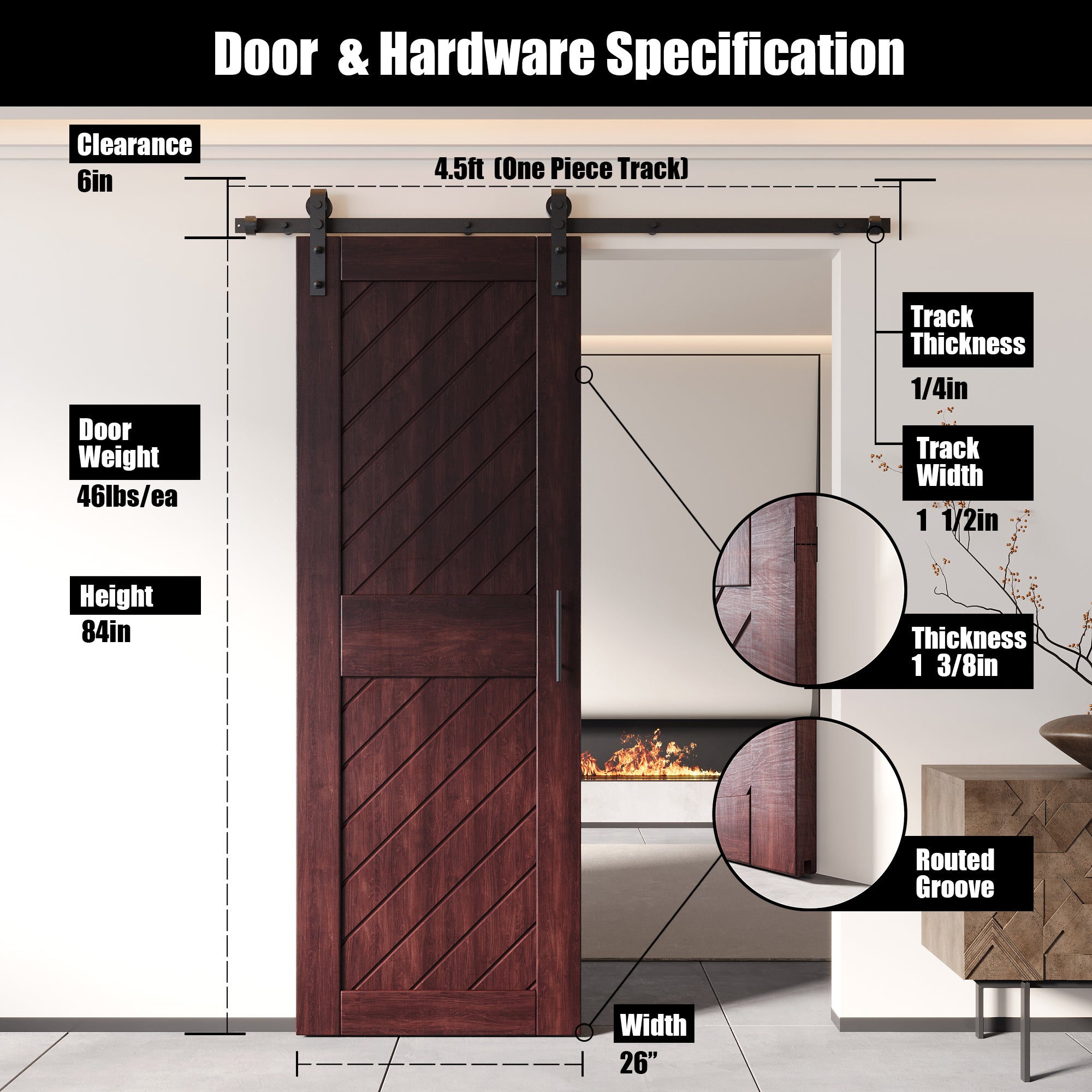 interior-use red mahogany slanted stripe pine barn door, finished