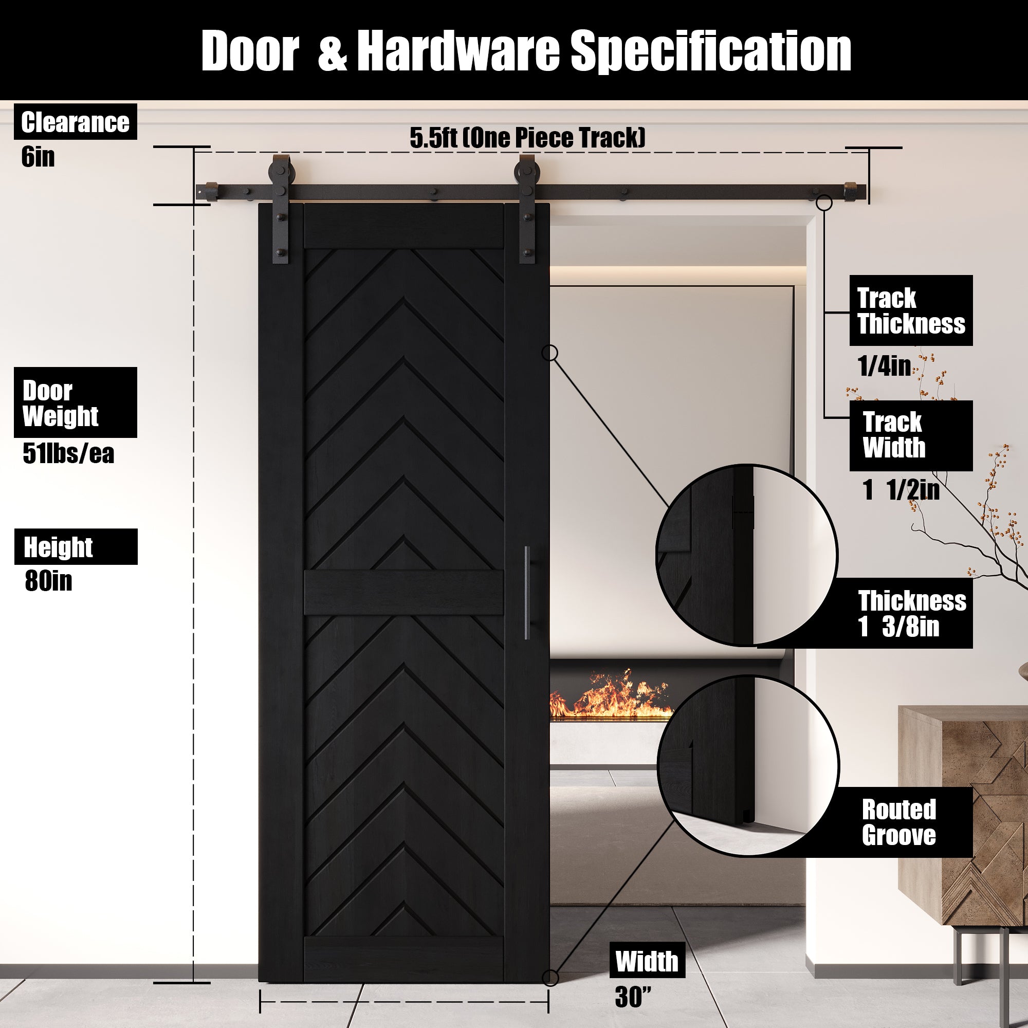 80" Height Black Fishbone Design Unassembled & Finished Pine Wood Barn Door with Non-Bypass Installation Hardware Kit(Interior Use Only)