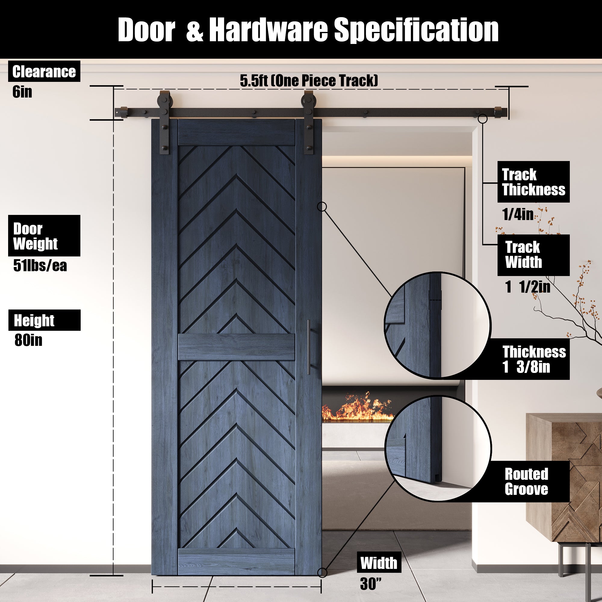 80" Height Navy Fishbone Design Unassembled & Finished Pine Wood Barn Door with Non-Bypass Installation Hardware Kit(Interior Use Only)