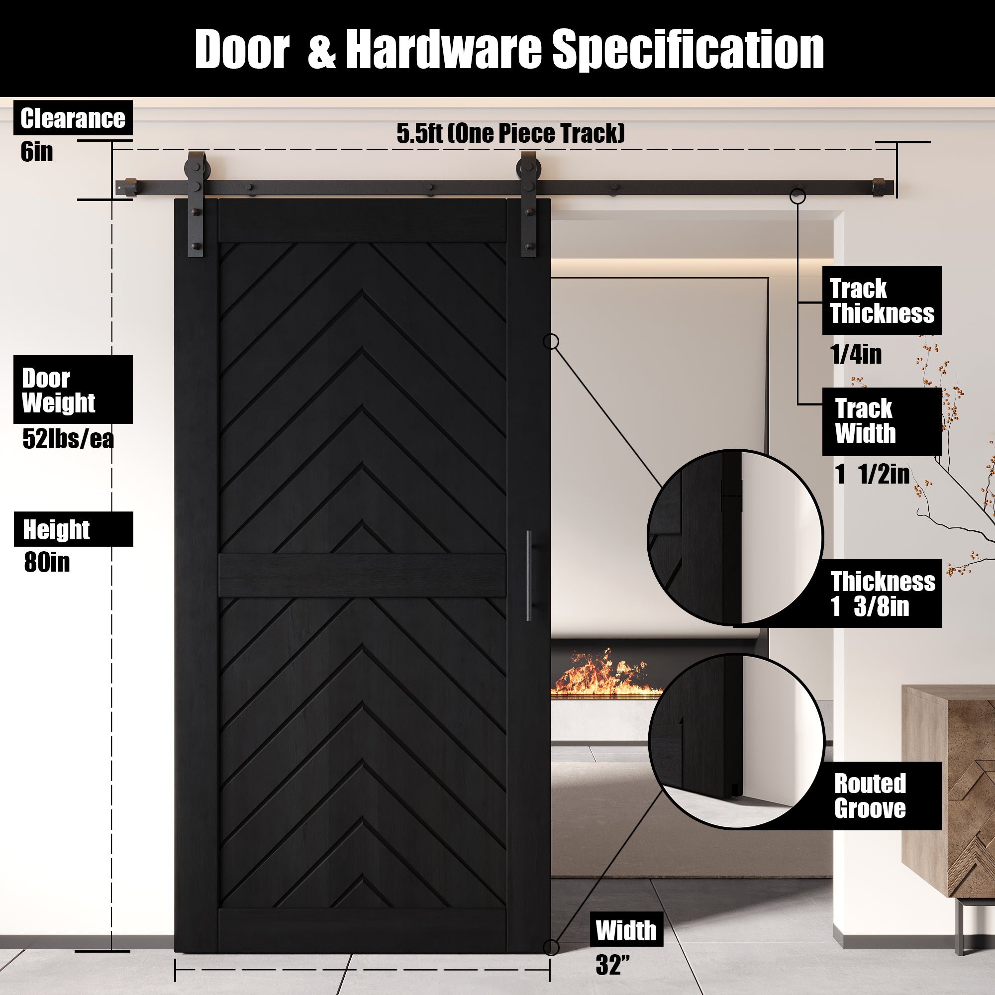 80" Height Black Fishbone Design Unassembled & Finished Pine Wood Barn Door with Non-Bypass Installation Hardware Kit(Interior Use Only)