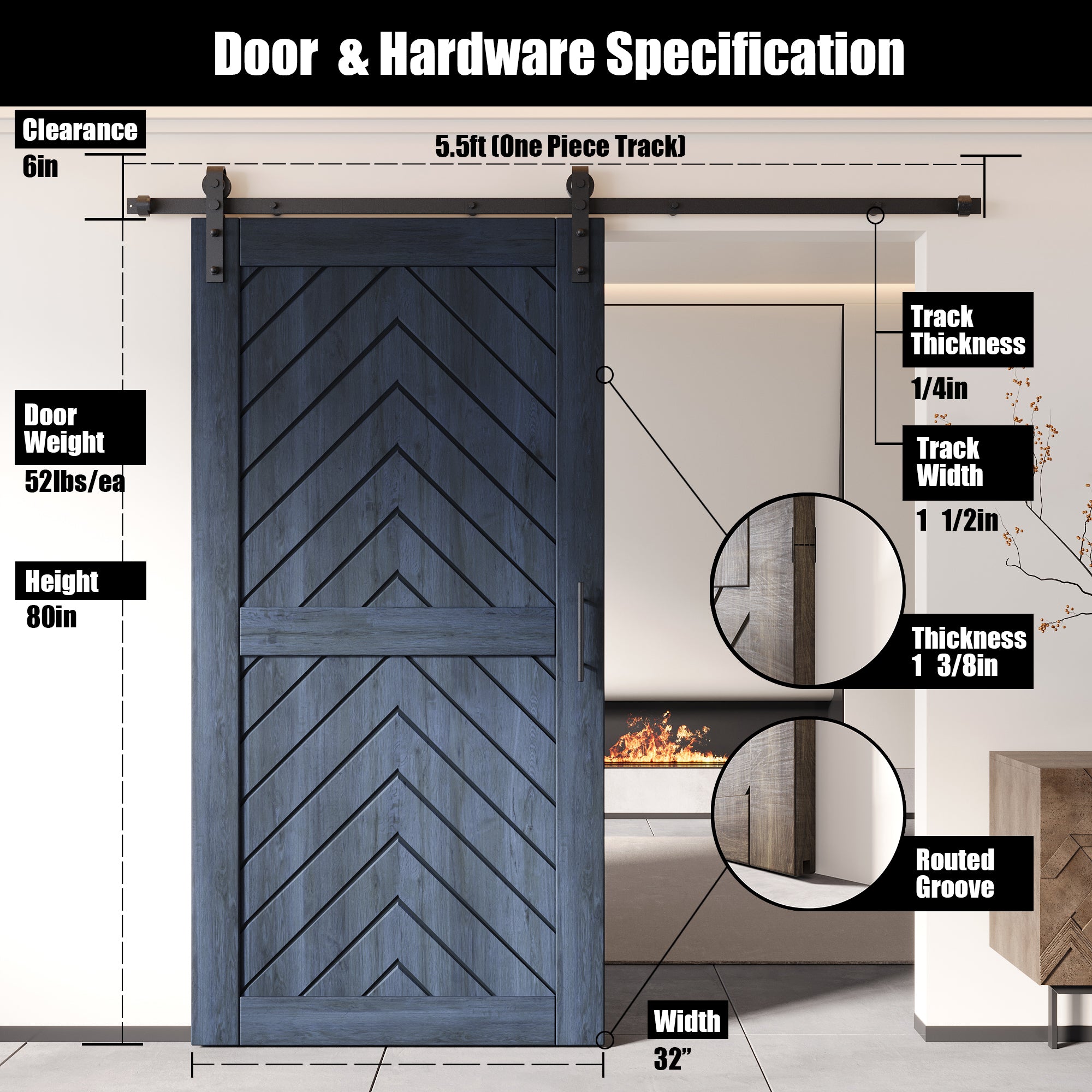 80" Height Navy Fishbone Design Unassembled & Finished Pine Wood Barn Door with Non-Bypass Installation Hardware Kit(Interior Use Only)