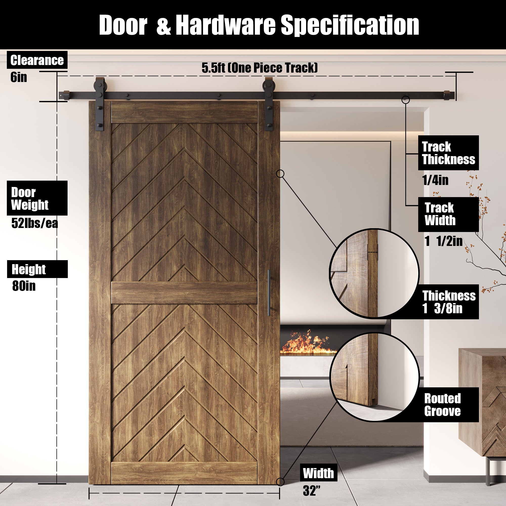 80" Height Dark Walnut Fishbone Design Unassembled & Finished Pine Wood Barn Door with Non-Bypass Installation Hardware Kit(Interior Use Only)