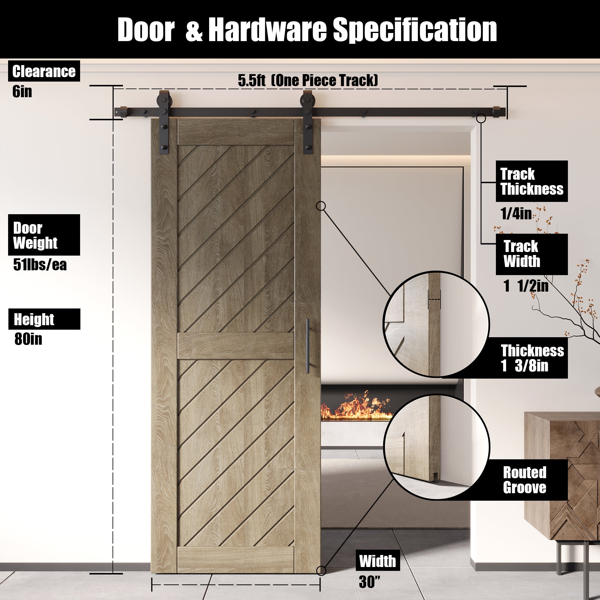 80" Height Classic Gray Slanted Stripe Design Unassembled & Finished Pine Wood Barn Door with Non-Bypass Installation Hardware Kit(Interior Use Only)