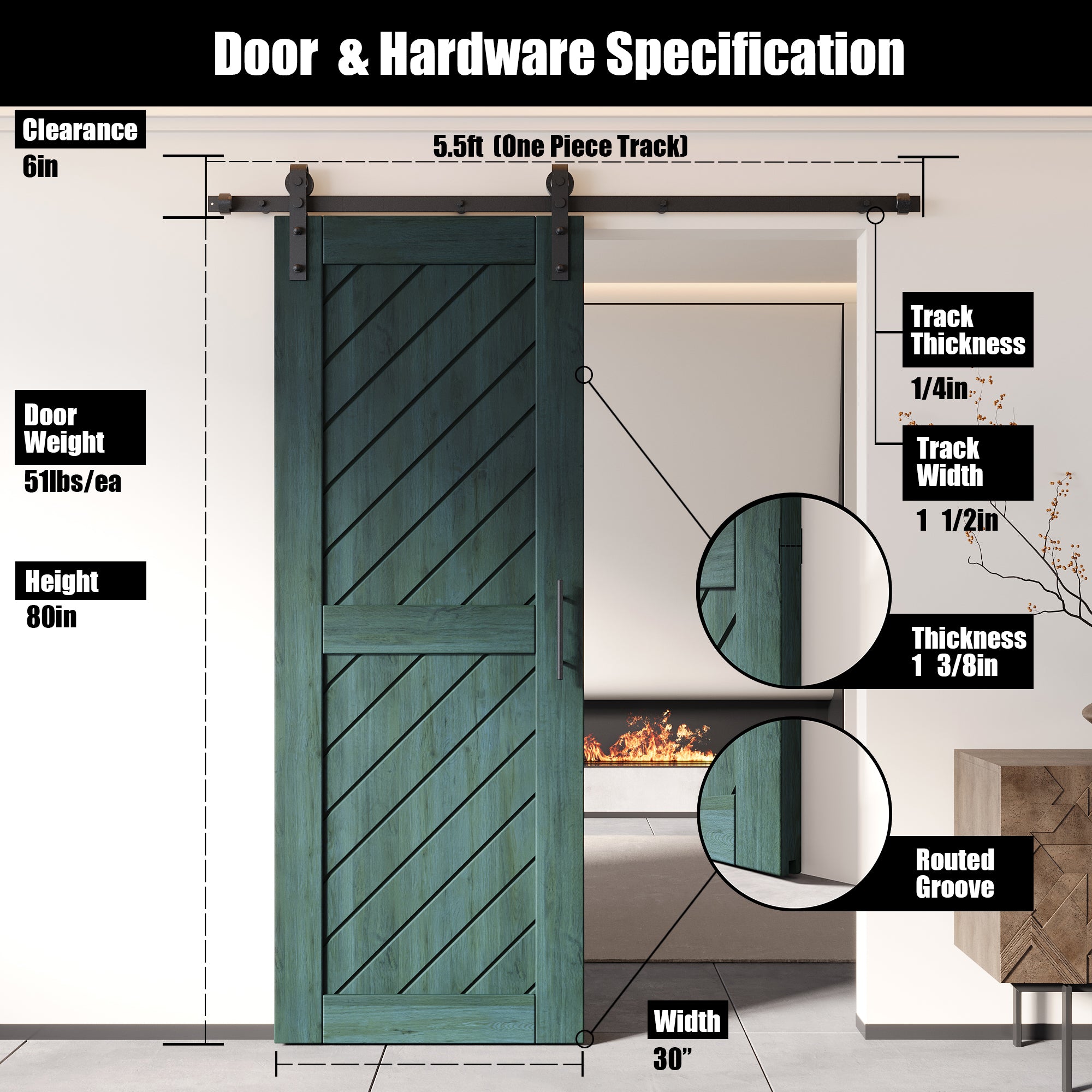 80" Height Royal Pine Slanted Stripe Design Unassembled & Finished Pine Wood Barn Door with Non-Bypass Installation Hardware Kit(Interior Use Only)