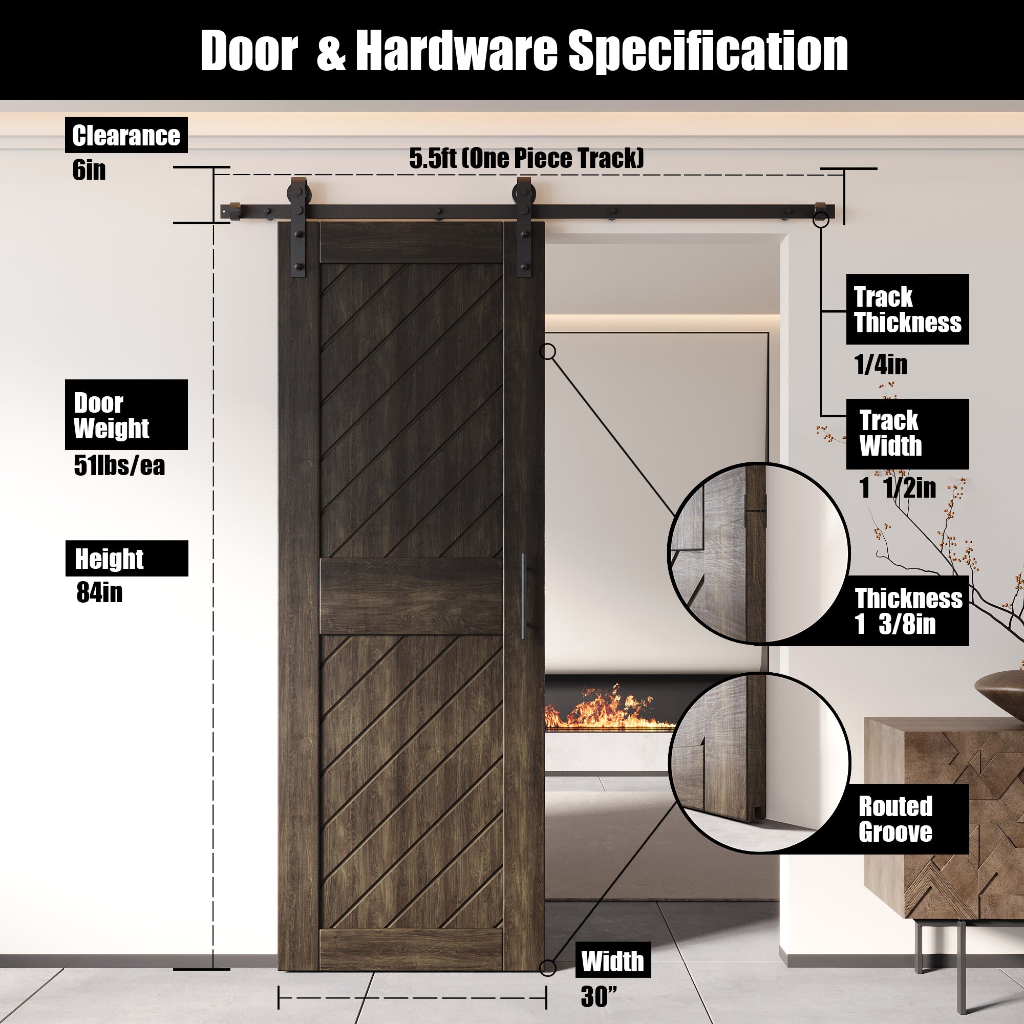 ebony slanted stripe barn door, 84-inch pine