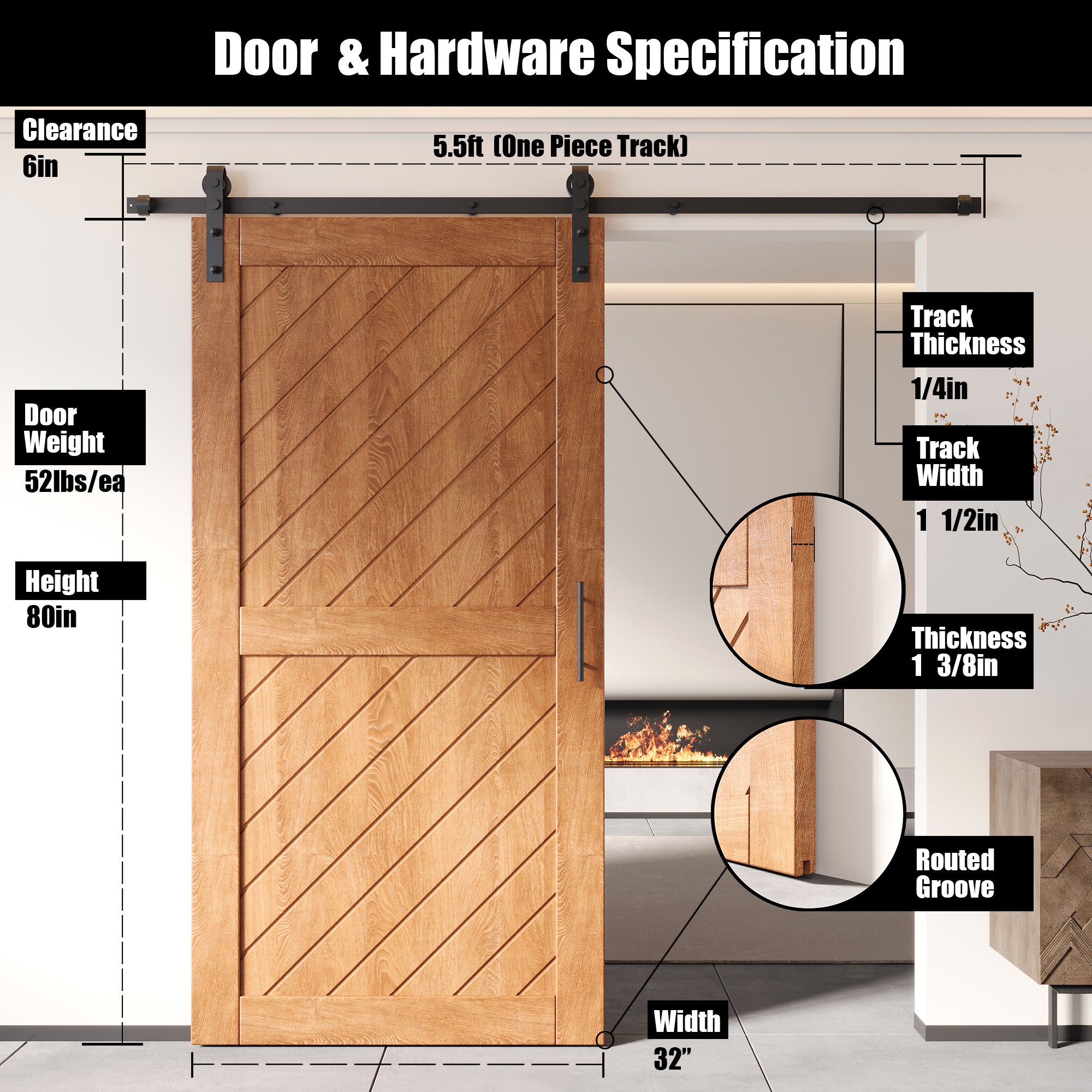 80" Height Early American Slanted Stripe Design Unassembled & Finished Pine Wood Barn Door with Non-Bypass Installation Hardware Kit(Interior Use Only)