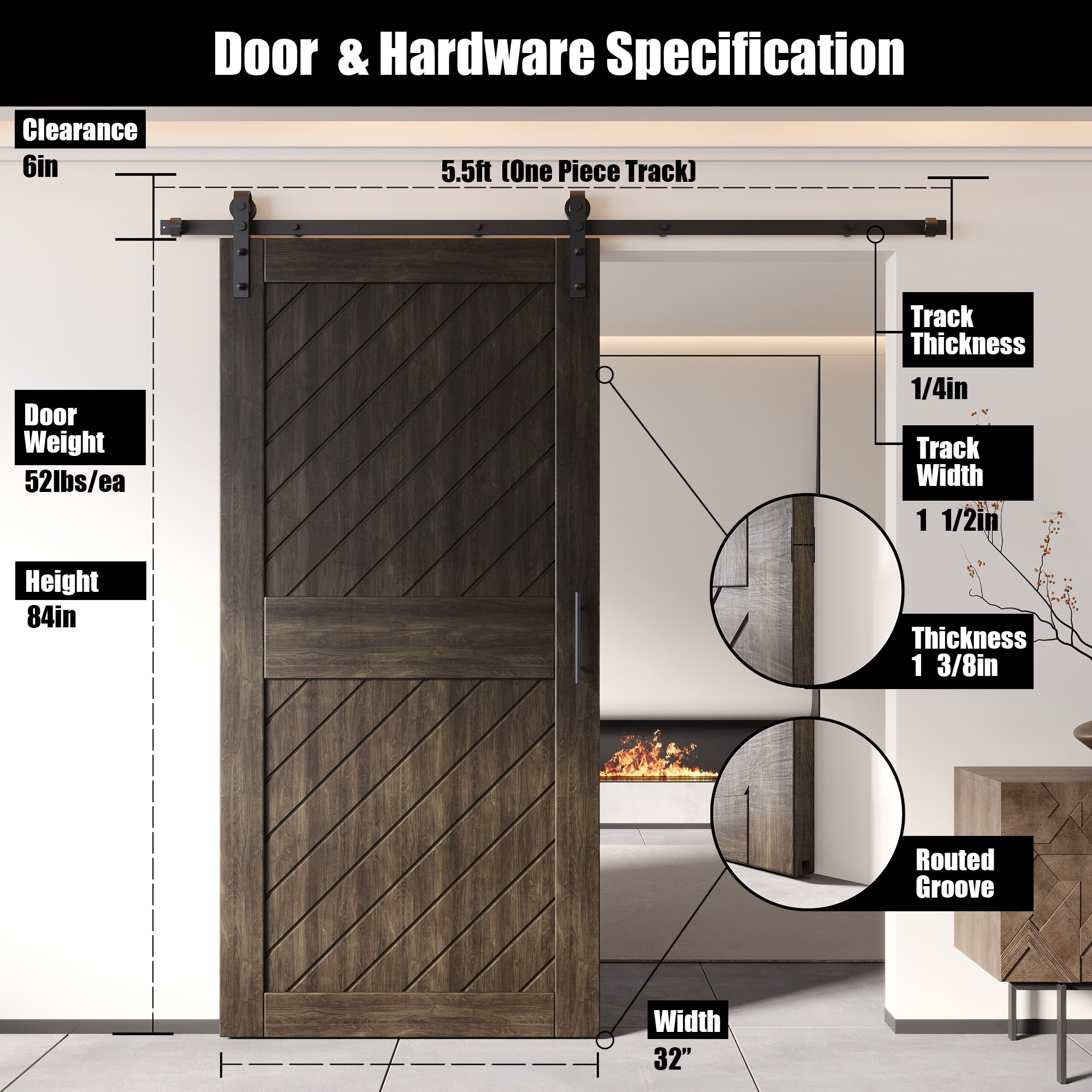 interior-use ebony slanted stripe pine barn door, finished