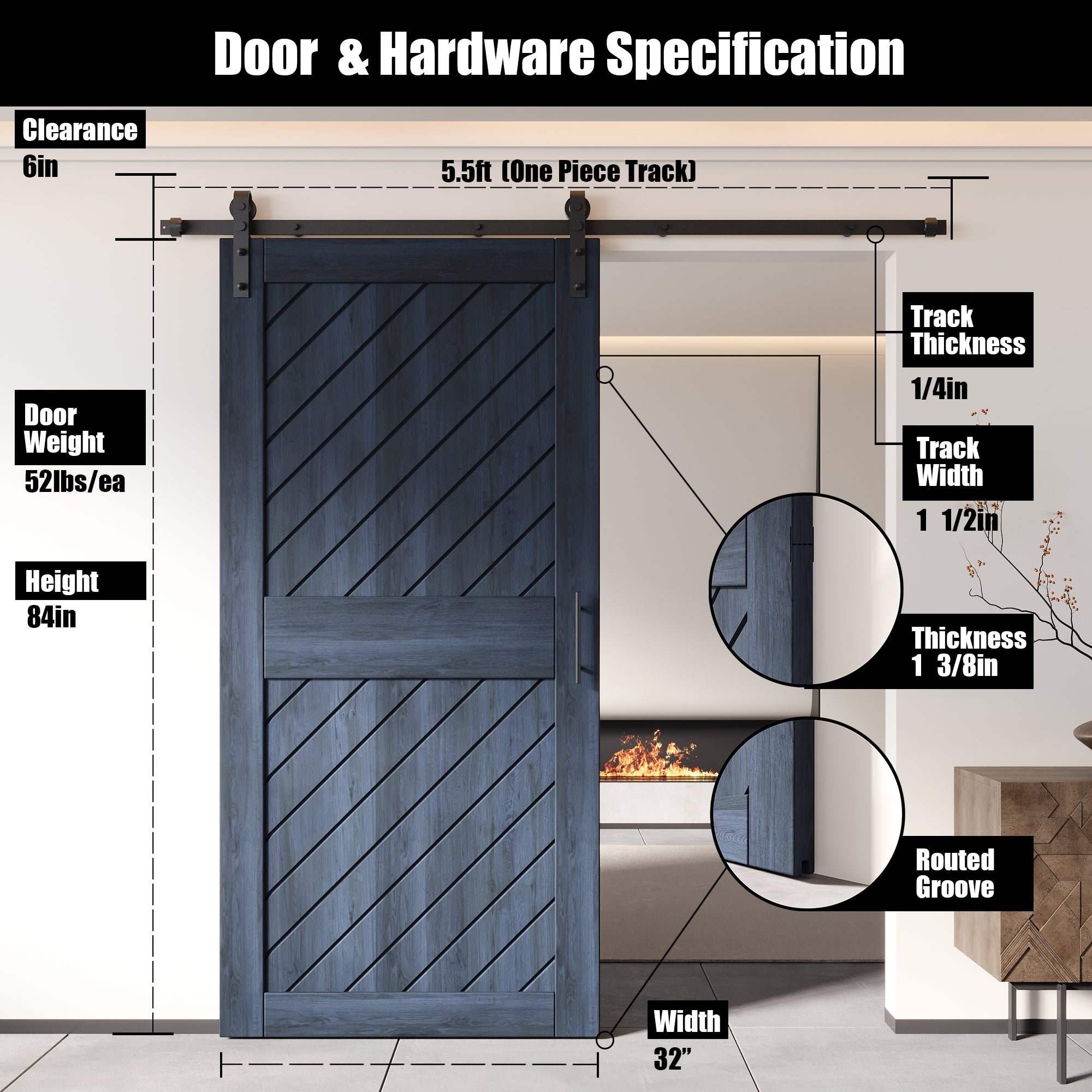 finished navy slanted stripe pine barn door, 84 inches