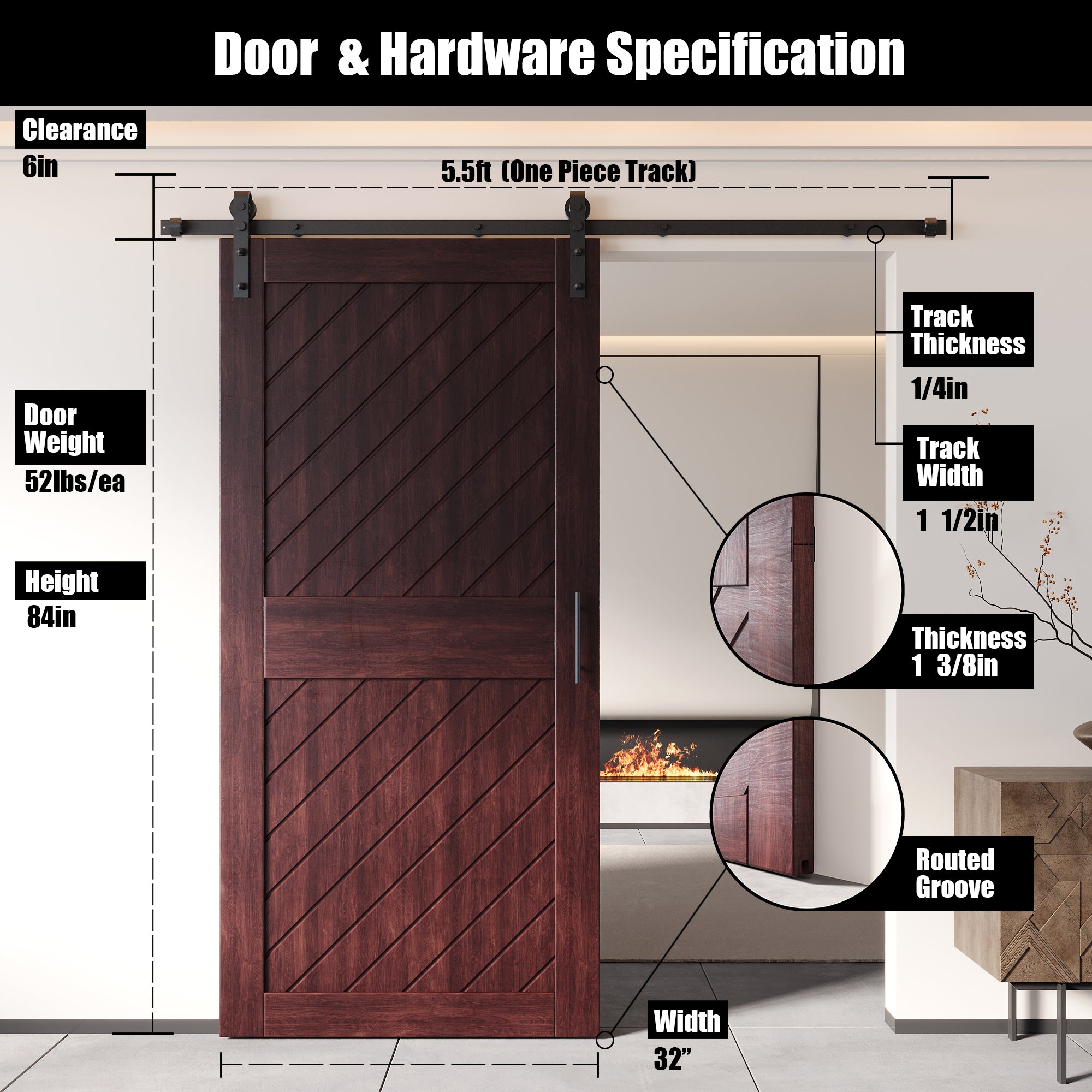 finished red mahogany slanted stripe pine barn door, 84 inches